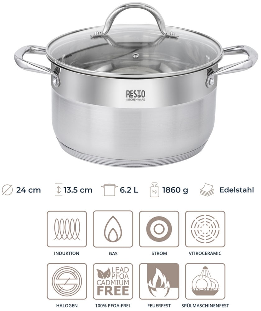 RESTO Kitchenware Kochtopf »Rigel, Topf energiesparend und spülmaschinenfest«, Edelstahl 18/10, (2 tlg.), mit hitzebeständigem Glasdeckel, im Geschenkkarton
