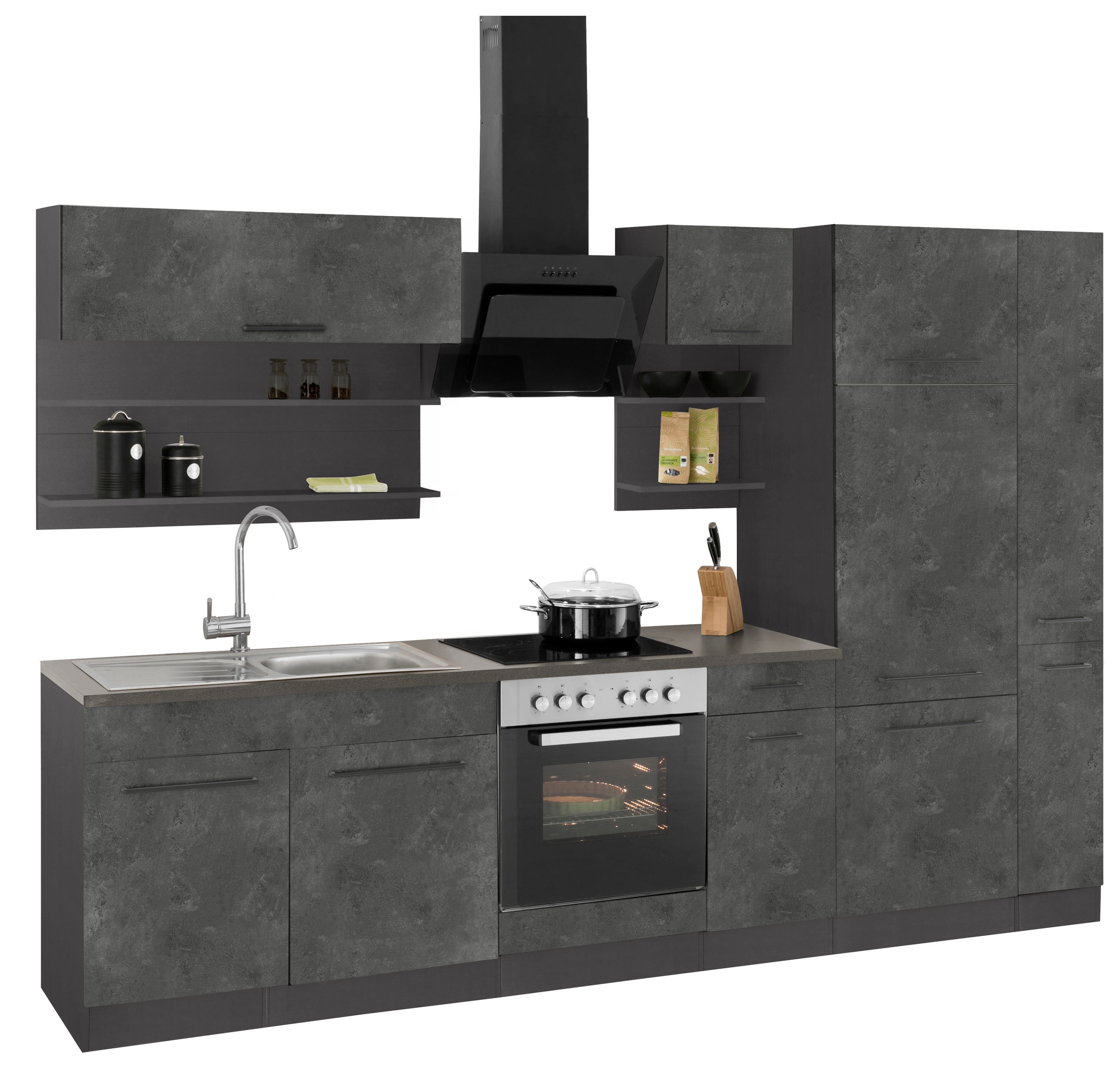 KOCHSTATION Küchenzeile »KS-Tulsa«, mit E-Geräten, Breite 300 cm, schwarze Metallgriffe, MDF Fronten