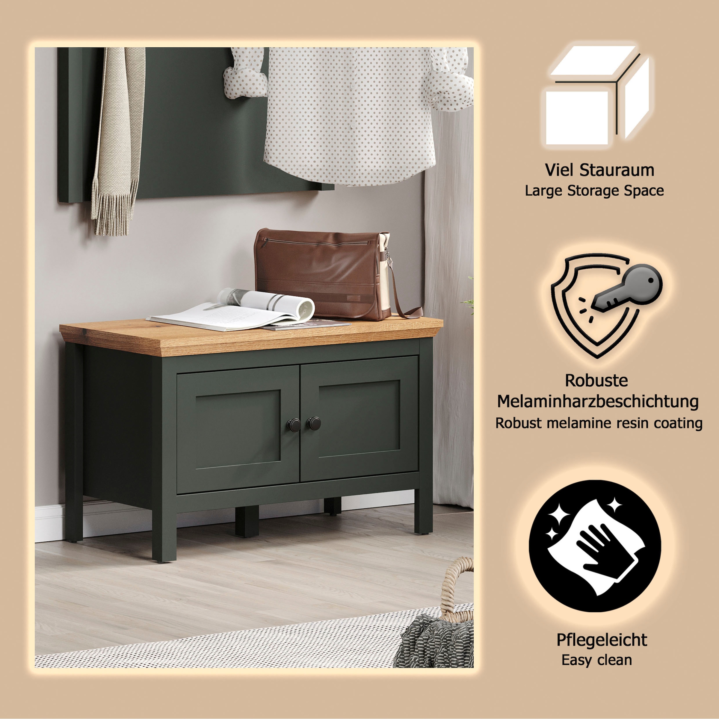 Home affaire Schuhbank »Vienna« 1 Stk. tlg. Sitzbank mit 2 Türen & Stauraum - (B/T/H) 77/39/48 cm