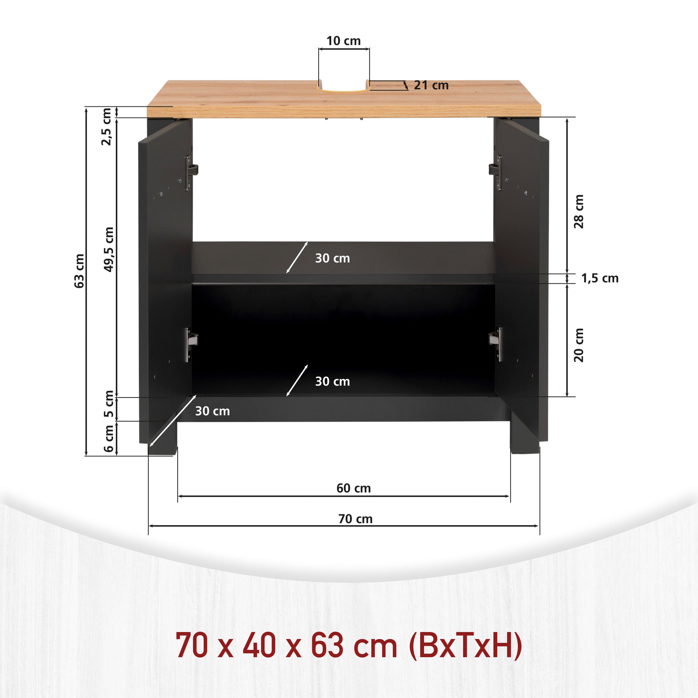 Inter Link Waschbeckenunterschrank »Pienza, Badmöbel, Siphon Ausschnitt, Wasserabweisend, 70 x 40 x 63 cm« 1 Stk. tlg. Unterschrank mit Softclose, verstellbarer Einlegeboden & Füße