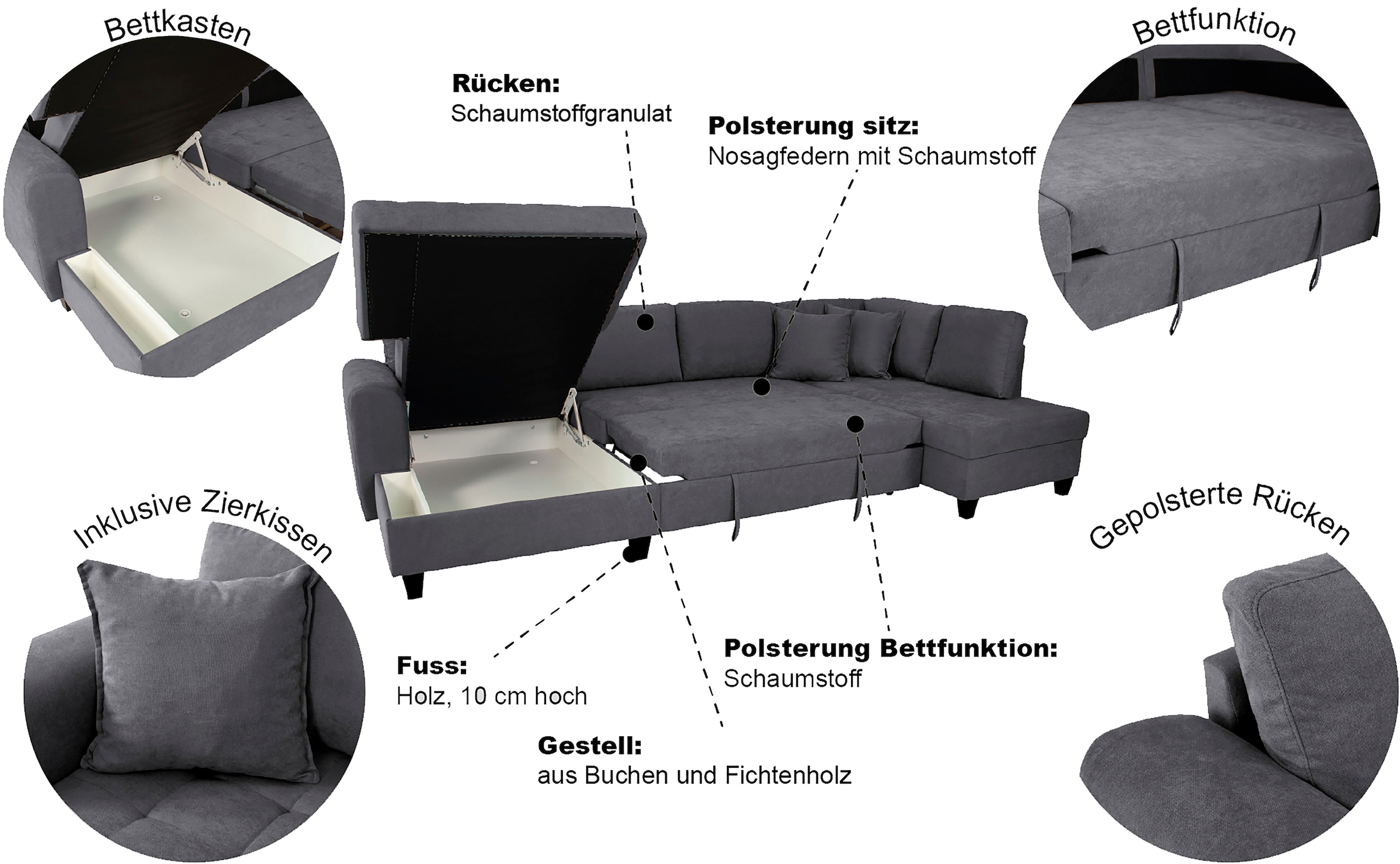 Trends by HG Wohnlandschaft »Moritz, U-Form« inkl. Bettfunktion und Bettkasten, inkl. 2 Zierkissen
