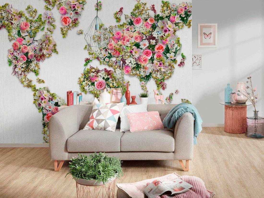 living walls Vliestapete »Weltkarte aus Rosen Vlies«, Blumige Fototapete Landkarte Floral 4,00m x 2,70m Weiß Grün Rosa