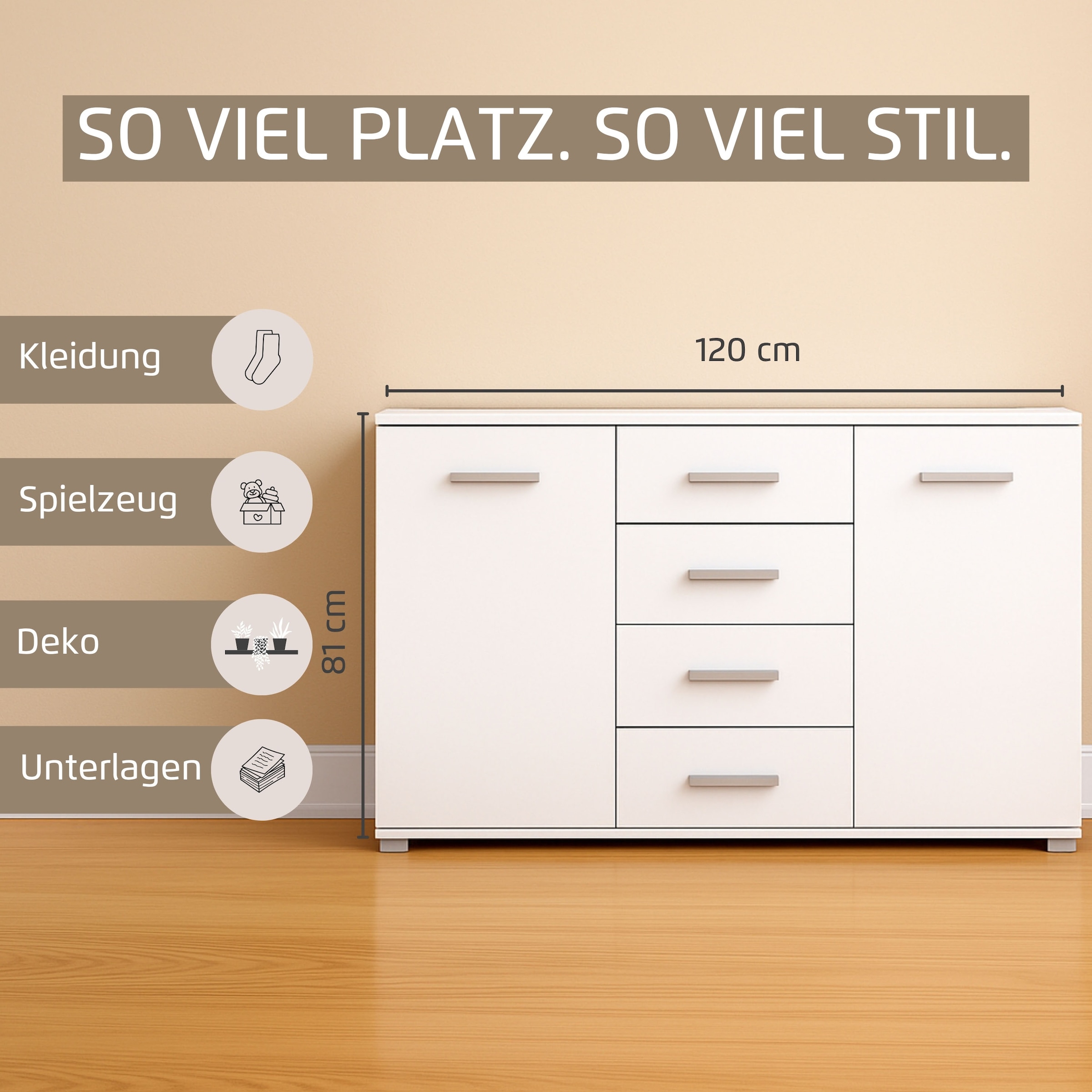rauch Schubkastenkommode »Sideboard Kommode Kombikommode KOLUNA mit Glasfront«, (Breite 120 cm inkl. Soft-Close-Funktion), vier große Schubladen, mit insgesamt 4 Einlegeböden MADE IN GERMANY