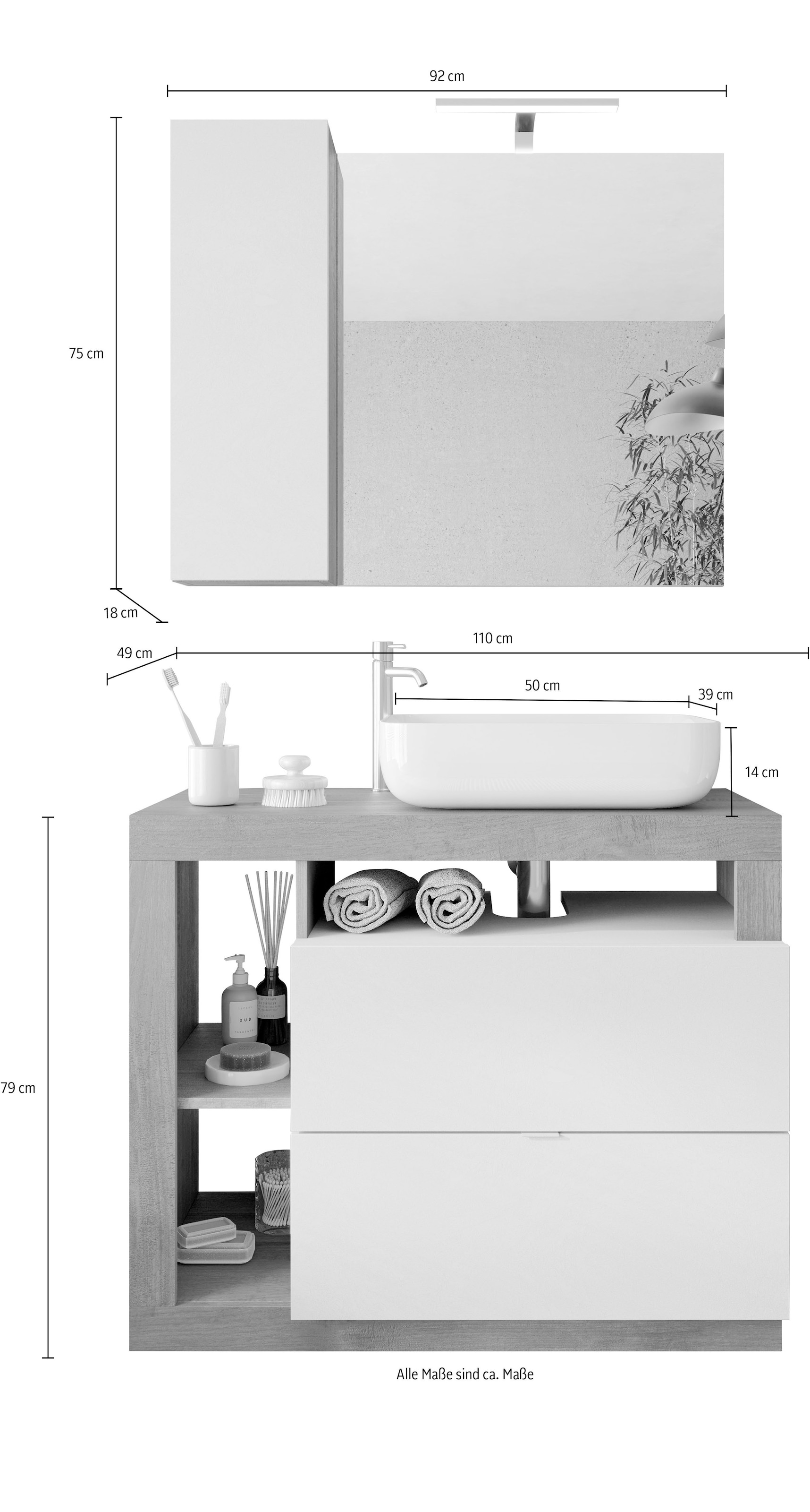 welltime Badmöbel-Set »Hamburg, Badezimmerset 2tlg. Breite 92 cm, Badmöbel, Waschtisch inkl.« Spar-Set, 2 Stk. tlg.