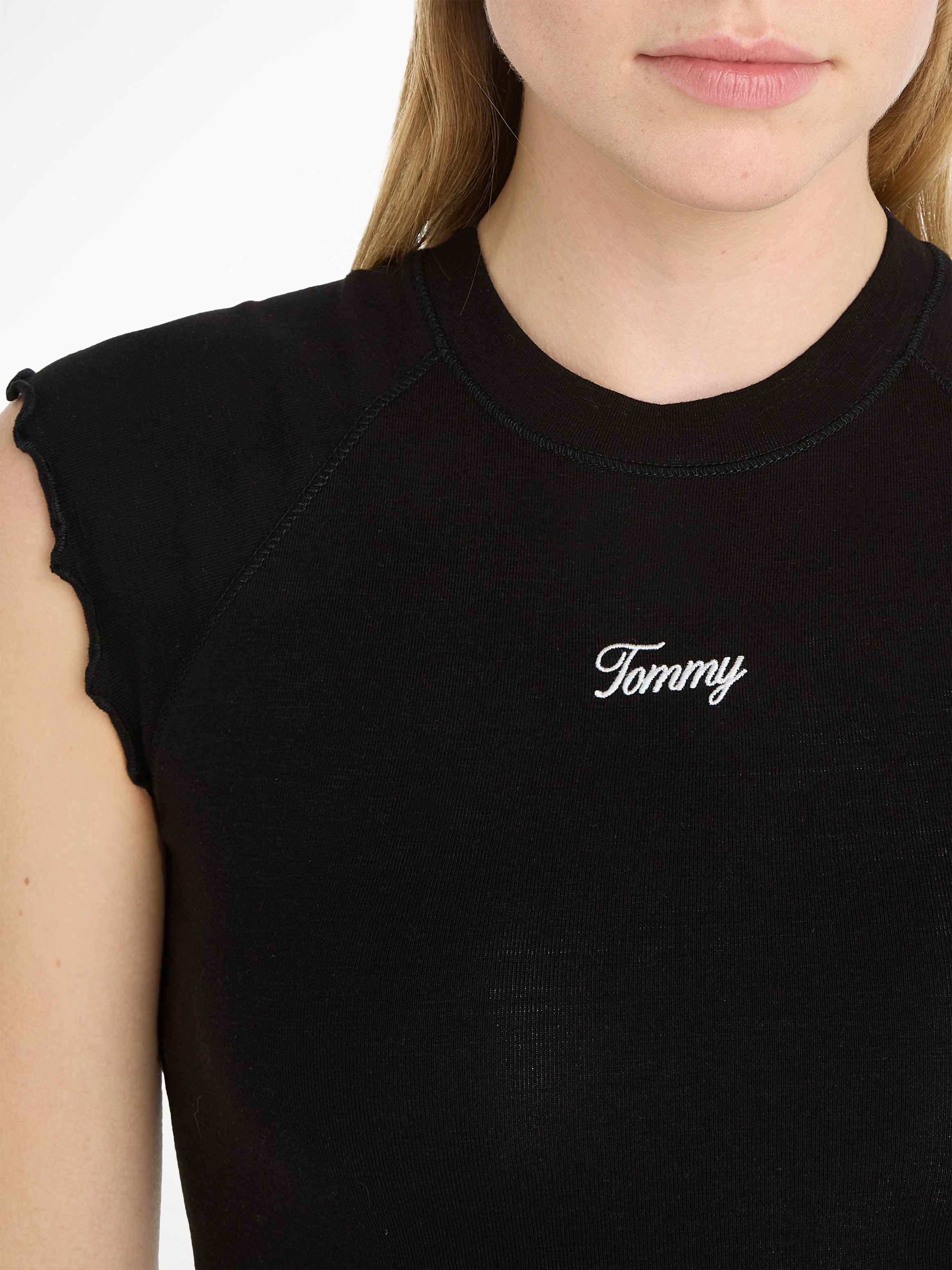 Tommy Jeans Jerseykleid »TJW RUCHE SCRIPT BODYCON DRESS«, mit gefransten Ärmeln