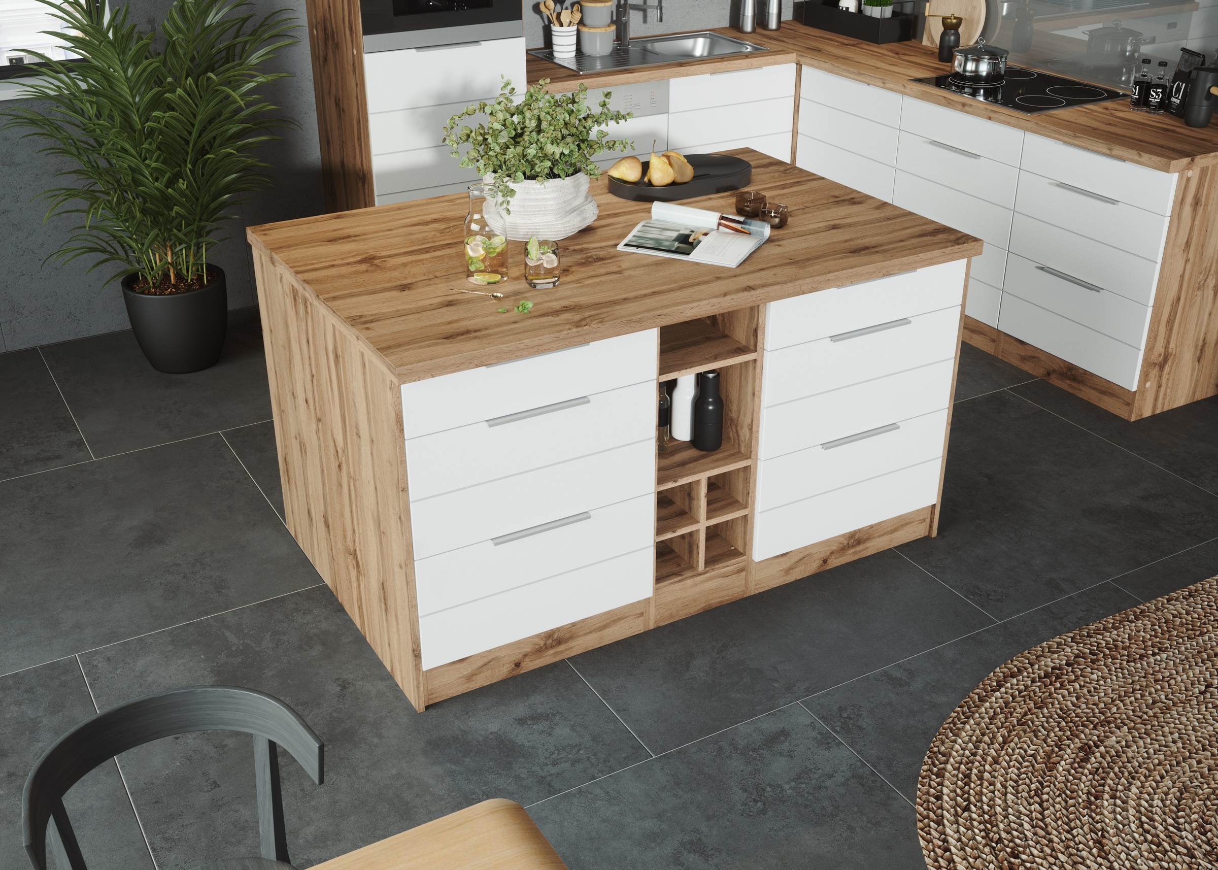 KOCHSTATION Kücheninsel »KS-Luhe, Breite 153 cm, mit Flaschenregal«, MDF-Fronten, Arbeitsplatte 38mm stark