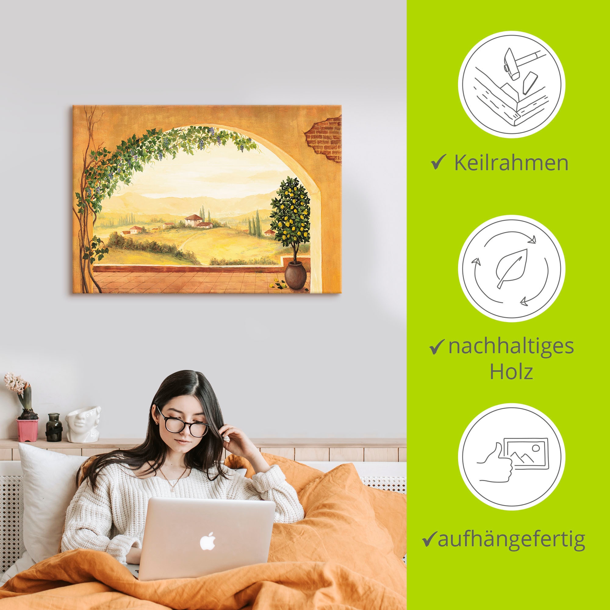 Artland Wandbild »Weinranken vor der Toskanalandschaft«, Fensterblick, (1 St.), als Leinwandbild, Poster in verschied. Größen