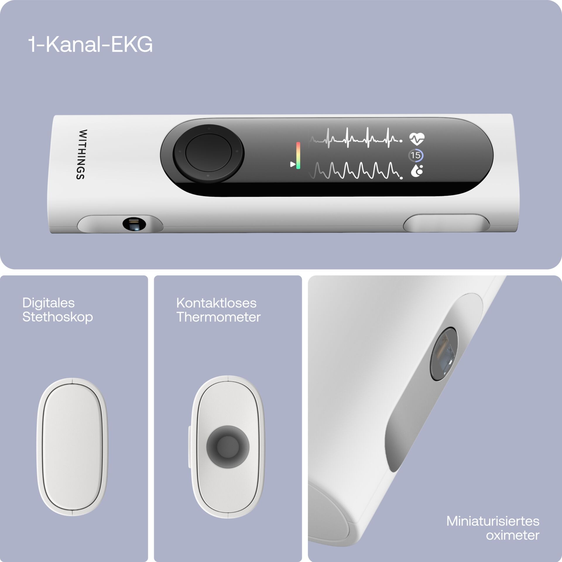 Withings Fieberthermometer »»BeamO 4-in-1« Gesundheits-MultiScan mit EKG-Aufzeichnung«, Herz- & Lungenauskultation, Sauerstoffsättiungs- & Temperaturmessung