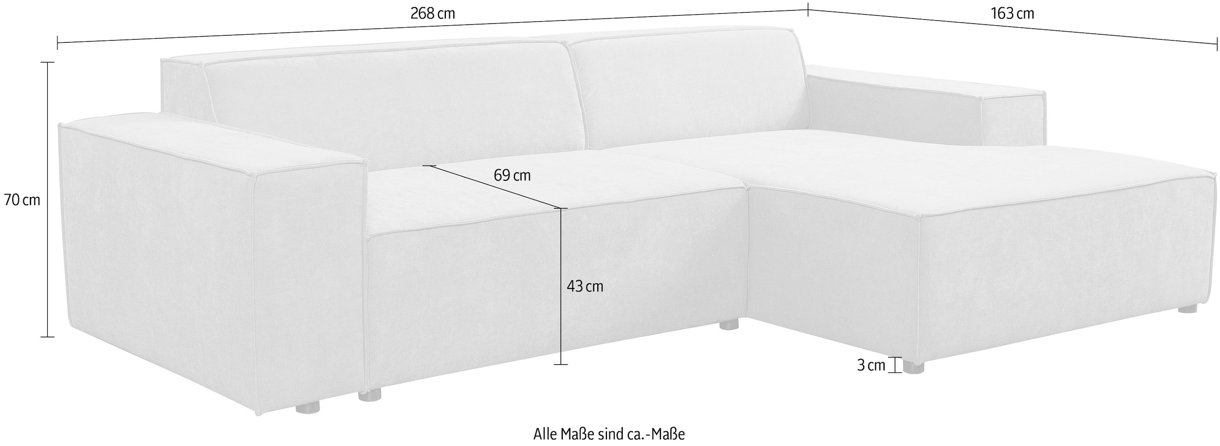 WERK2 Ecksofa »Trento 268 x 163 cm zeitlos, elegant & bequem, kubisches Design« Cord, L-Form,  extra weiche und tiefe Sitzfläche