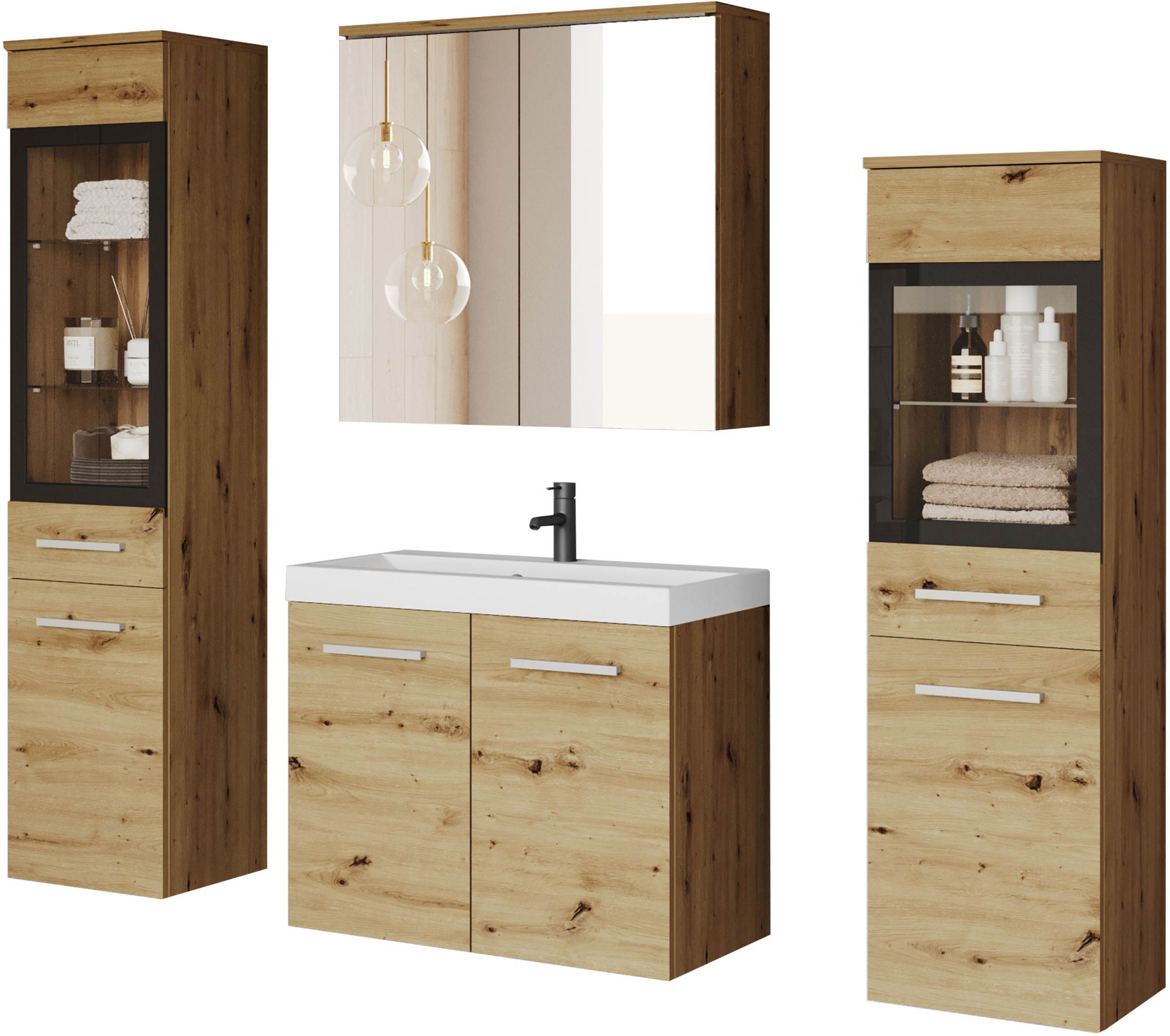 welltime Badmöbel-Set "MADRIT II, Schrank mit Waschbecken, 2 Hänger, Spiege günstig online kaufen