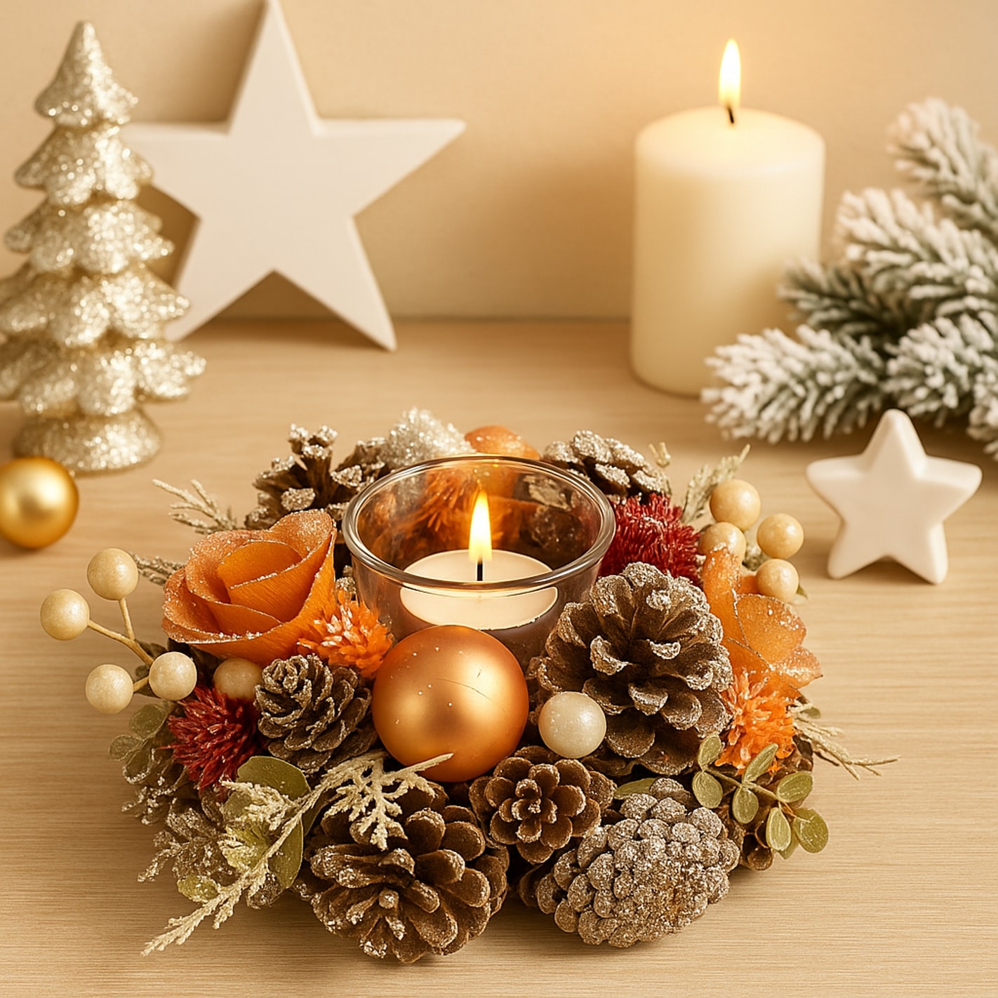 I.GE.A. Teelichthalter »Natur-Teelichthalter« aus Trockenblumen Zapfen Christkugeln Beeren, mit Glaseinsatz