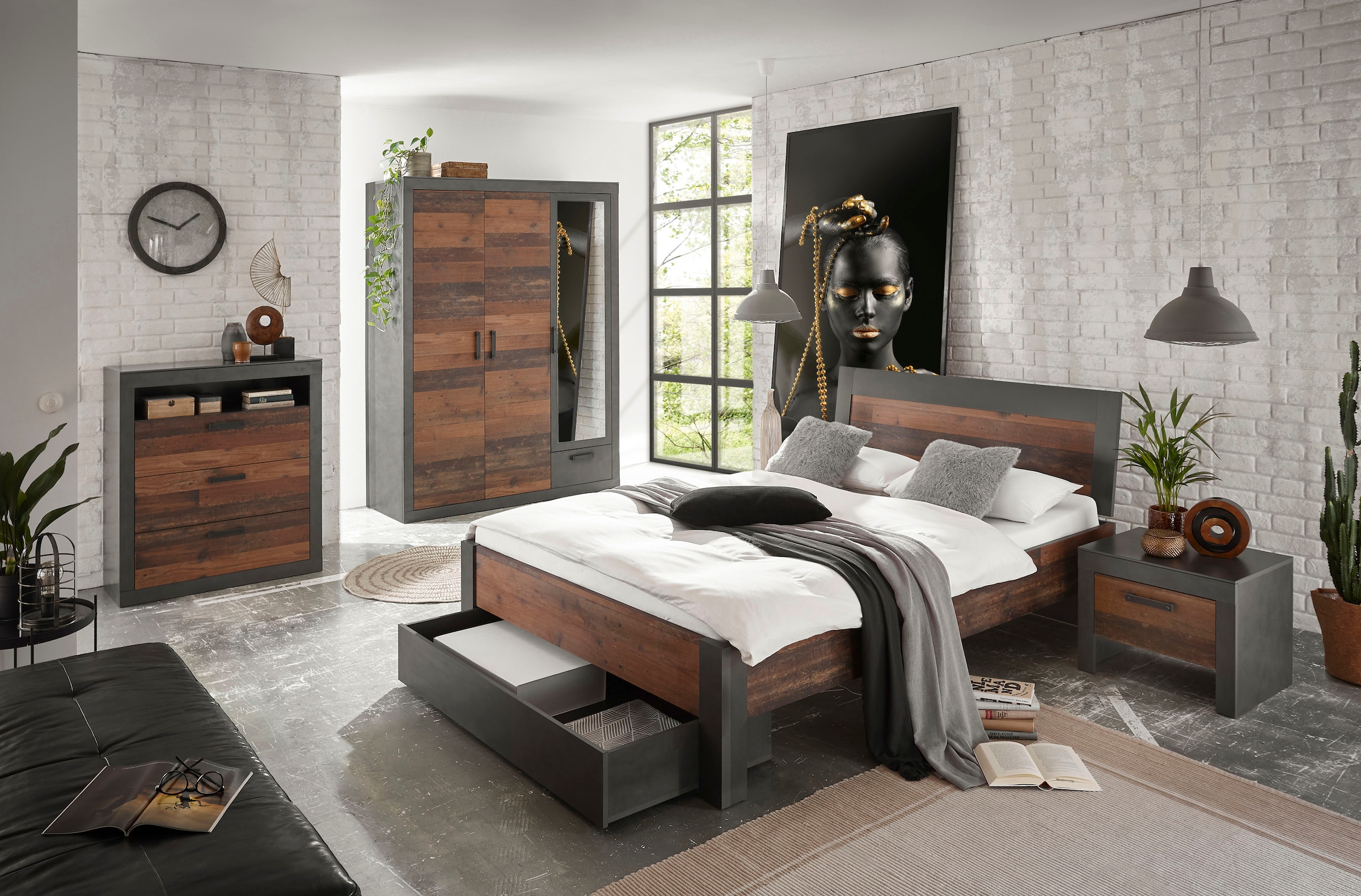 Home affaire Schlafzimmer-Set »BROOKLYN« Set, 5 Stk. tlg. Bett mit Holzkopfteil und Schublade