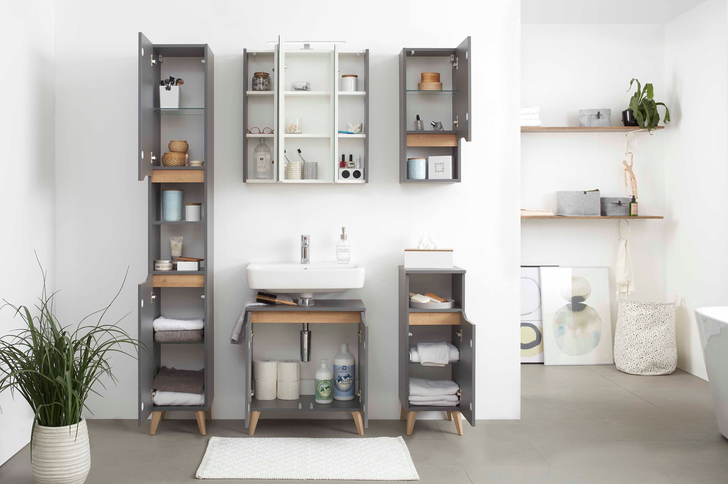 Saphir Badmöbel-Set »Quickset 5-teilig, Waschbeckenunterschrank mit LED-Spiegelschrank« 5 Stk. tlg.