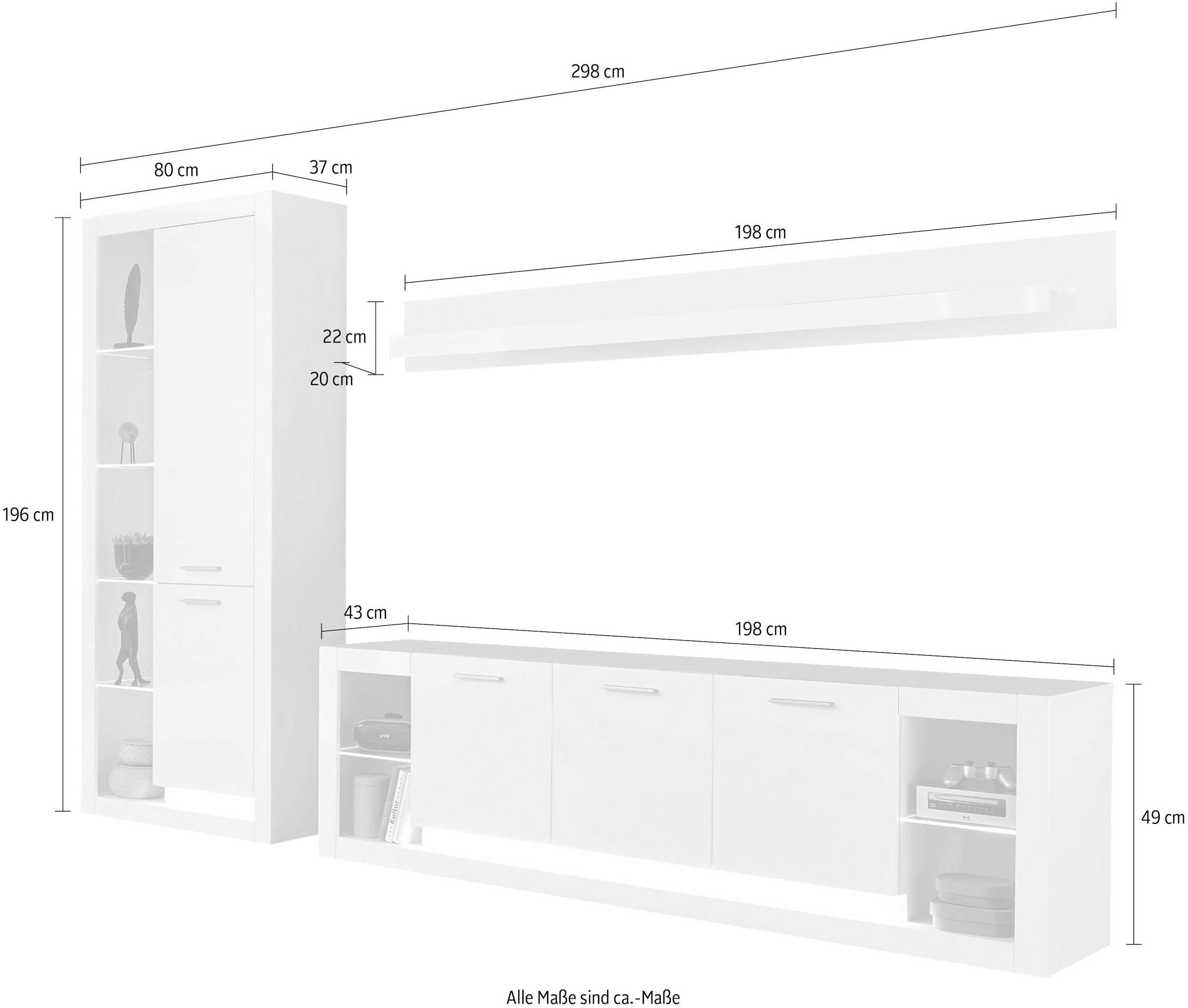 Places of Style Wohnwand »Meran«, (3 St., Stauraumvitrine, Lowboard, Wandregal)