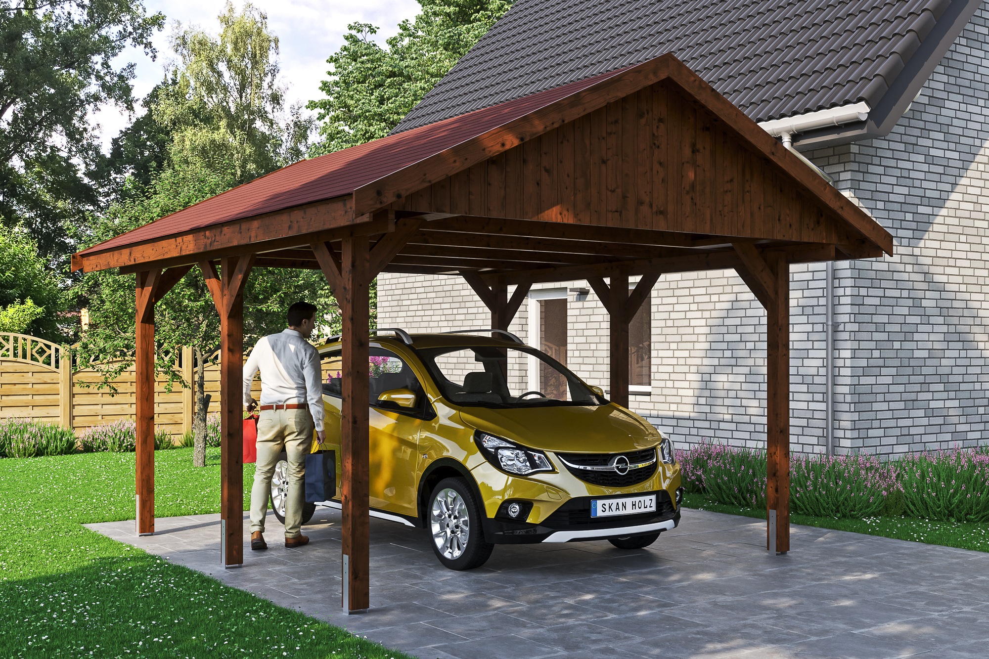 Skanholz Einzelcarport »Wallgau«, 340 cm, Nussbaum, mit roten Dachschindeln