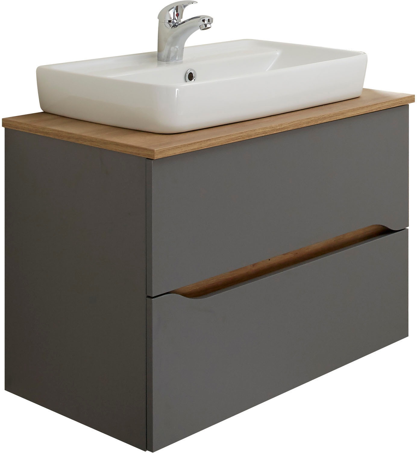 Saphir Badmöbel-Set »Quickset 2-teilig, Keramik-Aufsatzbecken mit LED-Spiegelschrank«, (5 St.), Waschplatz 80 cm breit, inkl. Türdämpfer, 3 Türen, 2 Schubladen