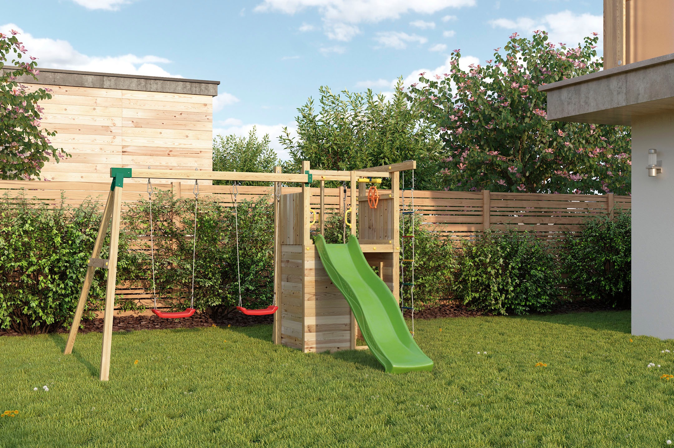 FUNGOO Spielturm »HOUSER, mit Rutsche, Schaukeln, Piratenrad und Haus mit Fenster«, Made in Europe
