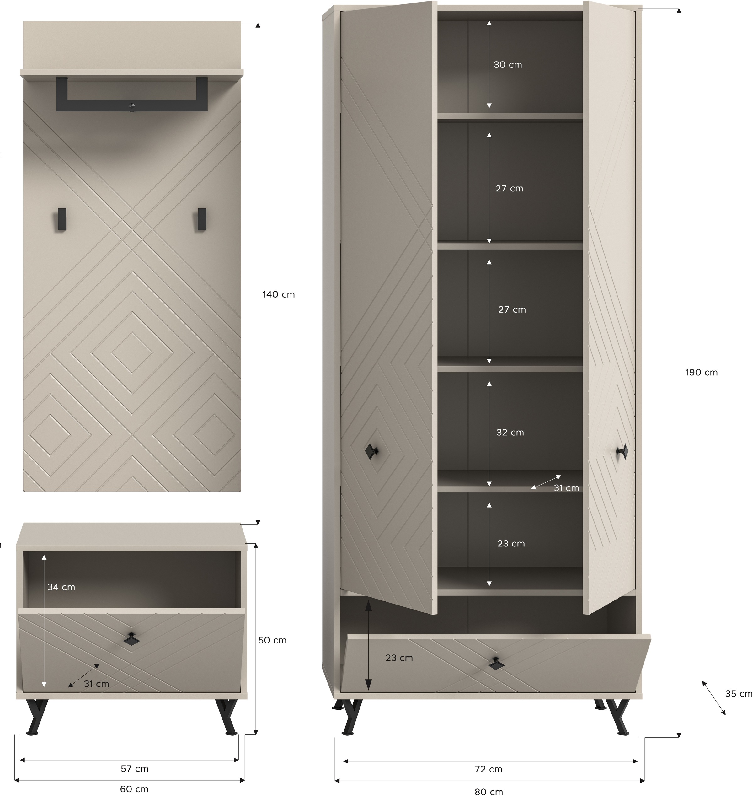 INOSIGN Garderoben-Set »Mento, 3-teilig, Ornamentfräsung in der Front, bestehend aus:«, (Set, 3 St.), Sitzbank, Garderobenpaneel & Garderobenschrank, Metall Griffe & Füße