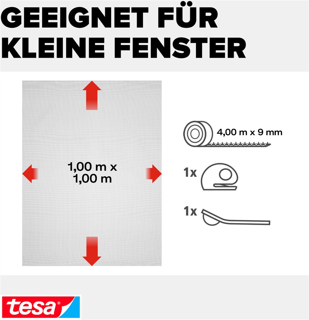 tesa Fliegengitter-Gewebe »Klett Fliegengitter Premium für Fenster, Insektenschutz mit Klettband« Packung, Fliegennetz, Klettband, Andrück und Schneidehilfe, 1 Stk. tlg. selbstklebende Insektenschutz - 100 cm x 100 cm