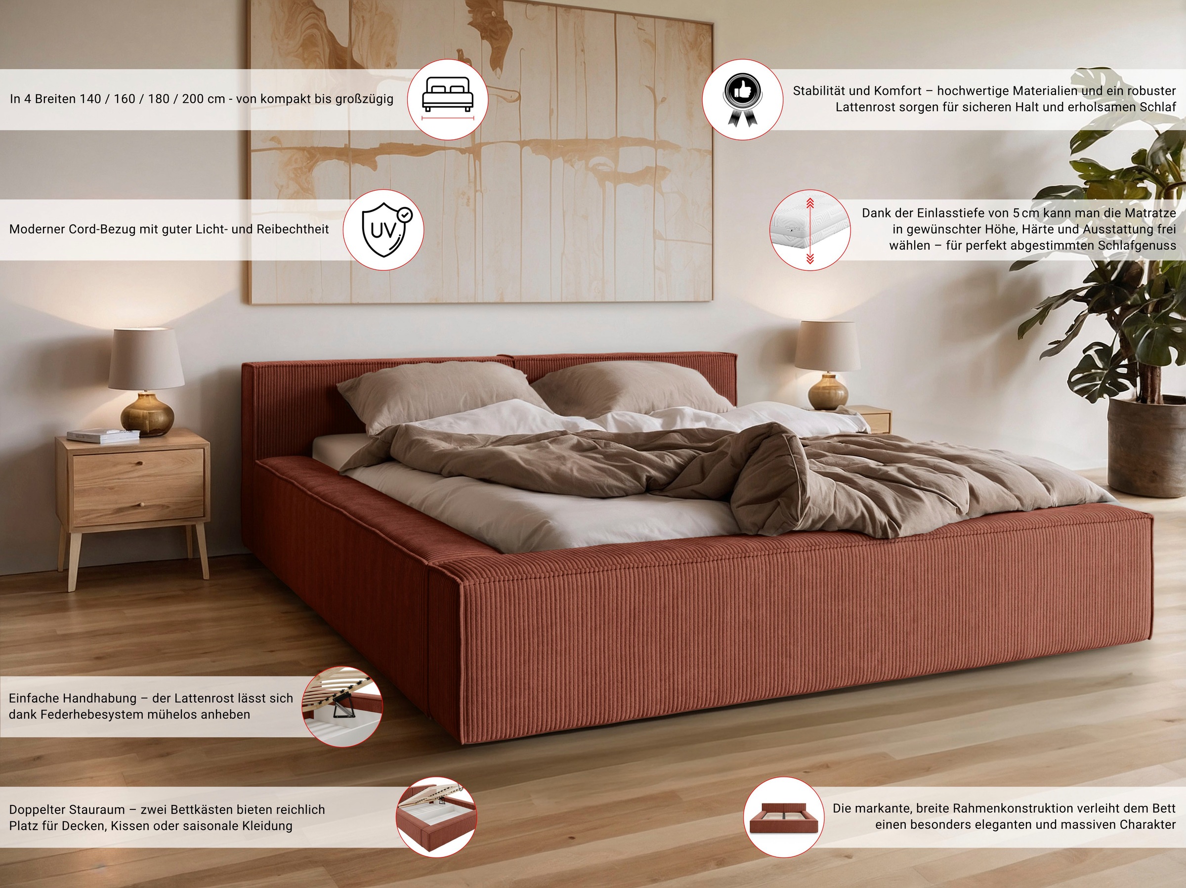 Home affaire Polsterbett »LAUREDA Bettgestell mit Lattenrost, in 4 Breiten- 140, 160, 180, 200cm«, mit Kopfteil und Bettkasten, ohne Matratze