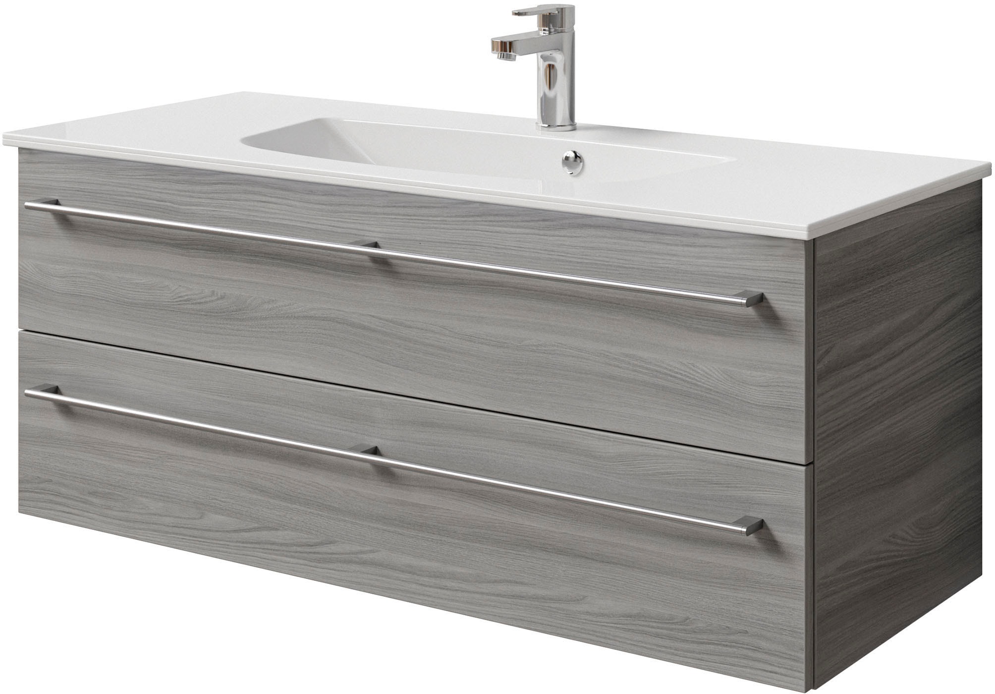 Saphir Badmöbel-Set »Serie 6025 2-teilig Mineralmarmor-Waschtisch mit LED-Spiegelschrank«, (2 St.), Waschplatz 117cm breit, 2 Schubladen, 3 Spiegel-Türen, inkl Türdämpfer