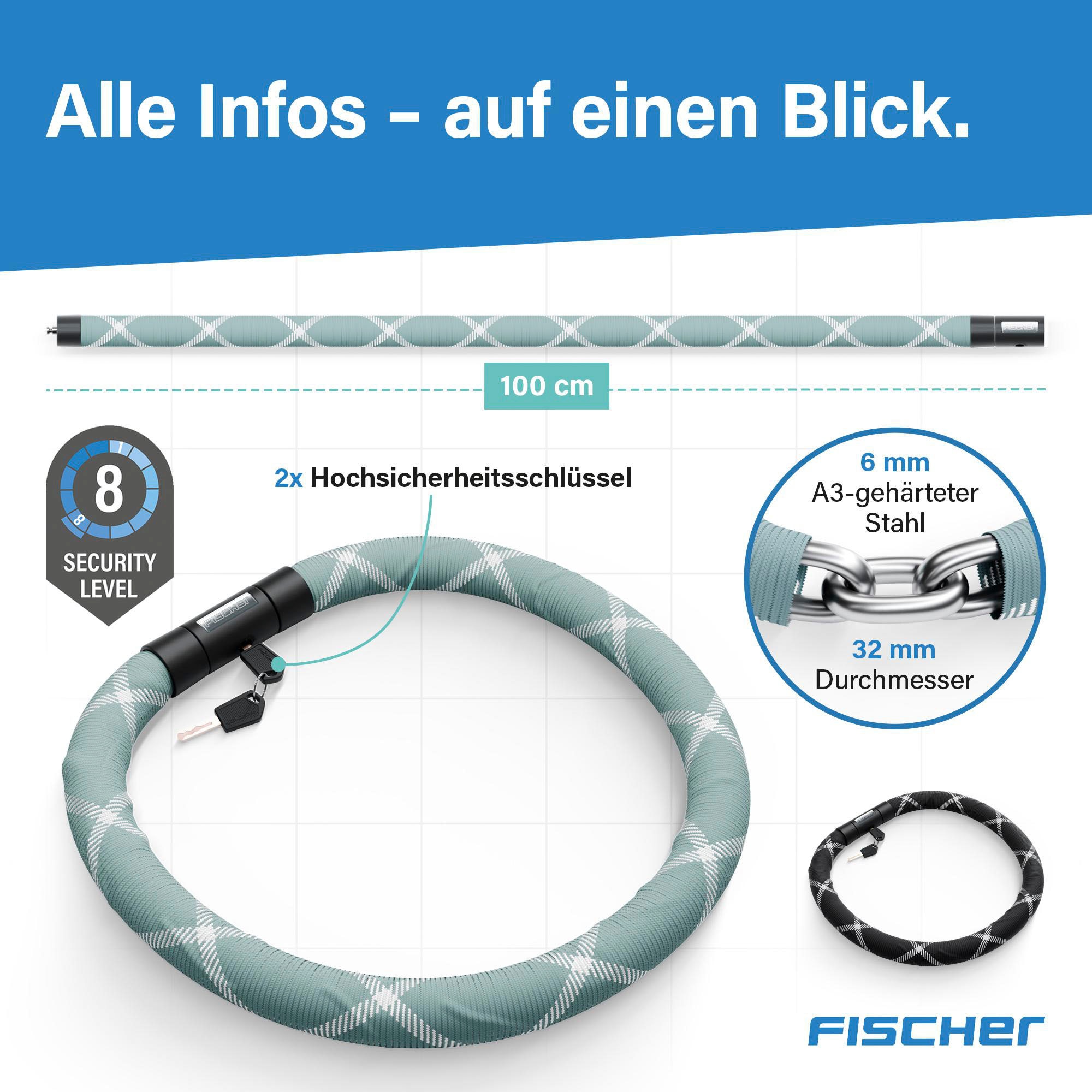 FISCHER Fahrrad Kettenschloss »Kettenschloss SILENCE CK100/32 mint«