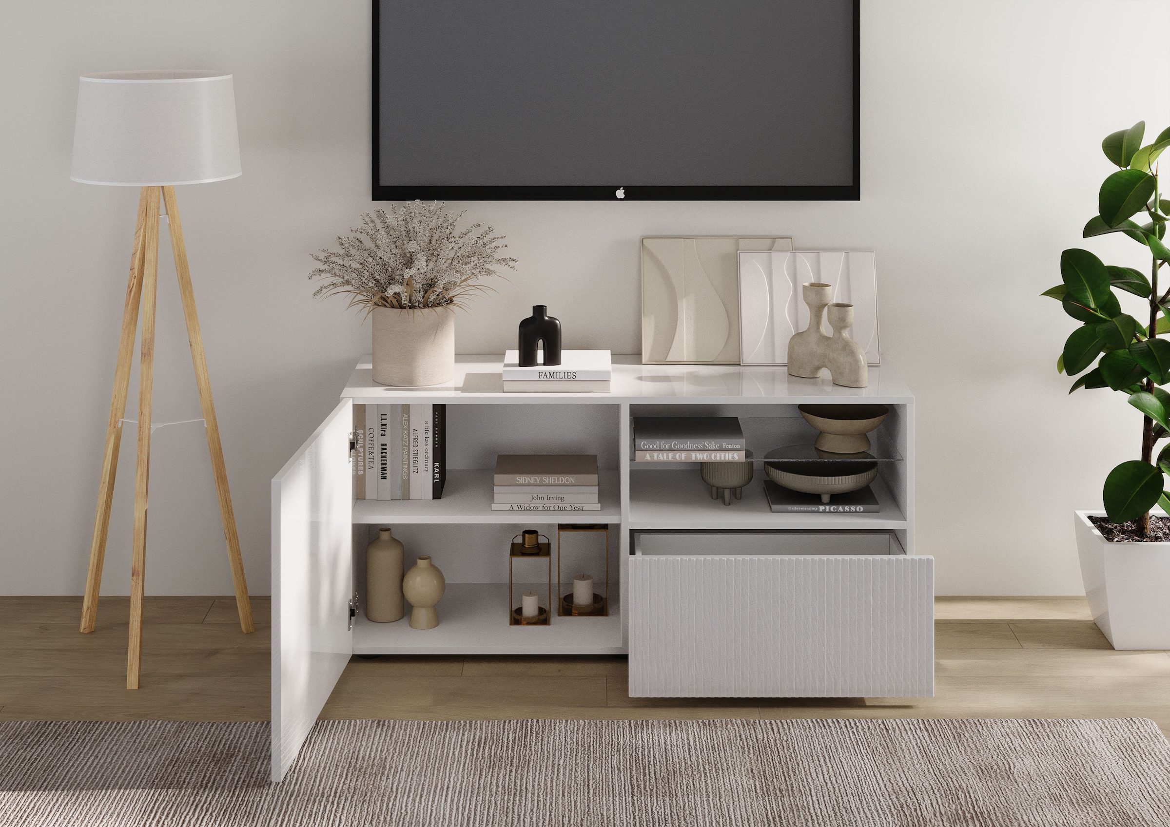 INOSIGN Lowboard »Rio Breite 120 cm, TV-Board 1 Tür u. 1 Schubkasten, TV-Schrank«, geriffelte Front, modern u. elegant, für kleine Räume