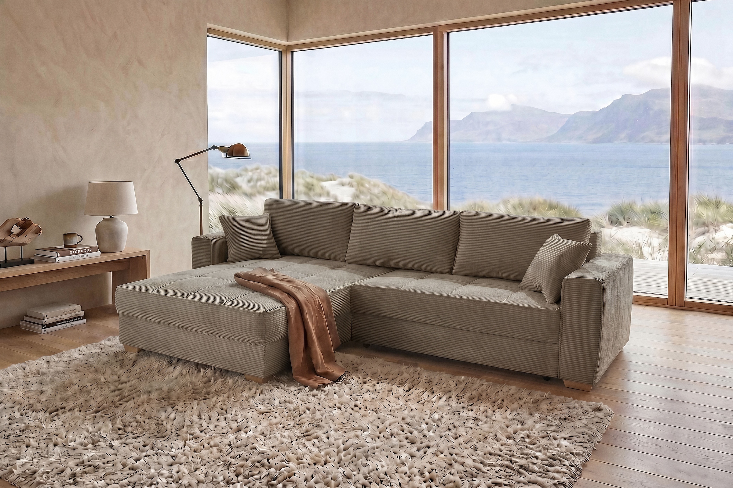 Jockenhöfer Gruppe Ecksofa »Bologna, L-Form, Breite: 298 cm, Cord-Bezug, beidseitig montierbar« mit Schlaffunktion, Bettkasten & Zierkissen, XXL-Ottomane