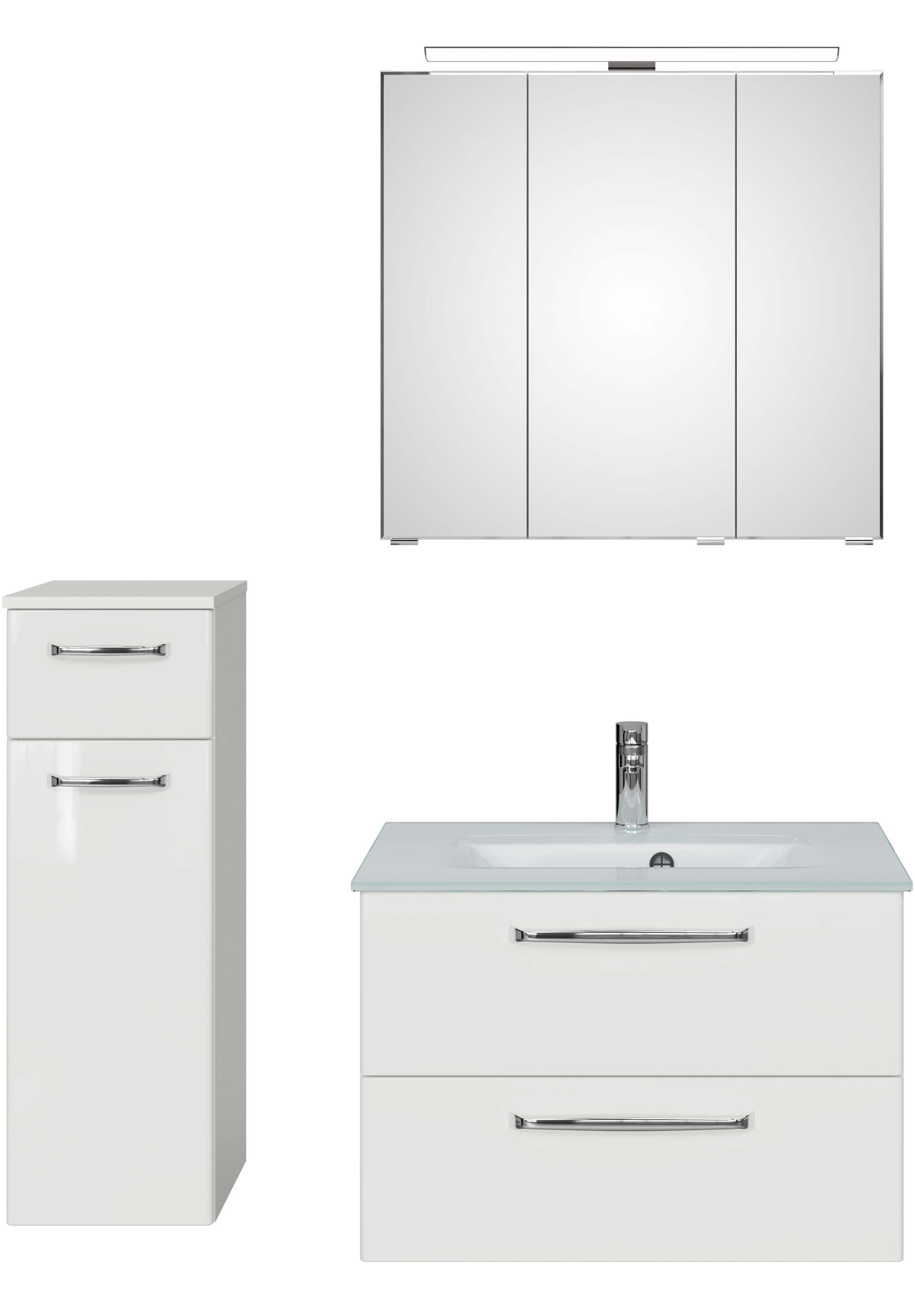 Saphir Badmöbel-Set »Badmöbel-Set Trentino 3-teilig Glas-Waschtisch mit LED-Spiegelschrank«, (4 St.), Badezimmer-Set mit Unterschrank inkl. Türdämpfer