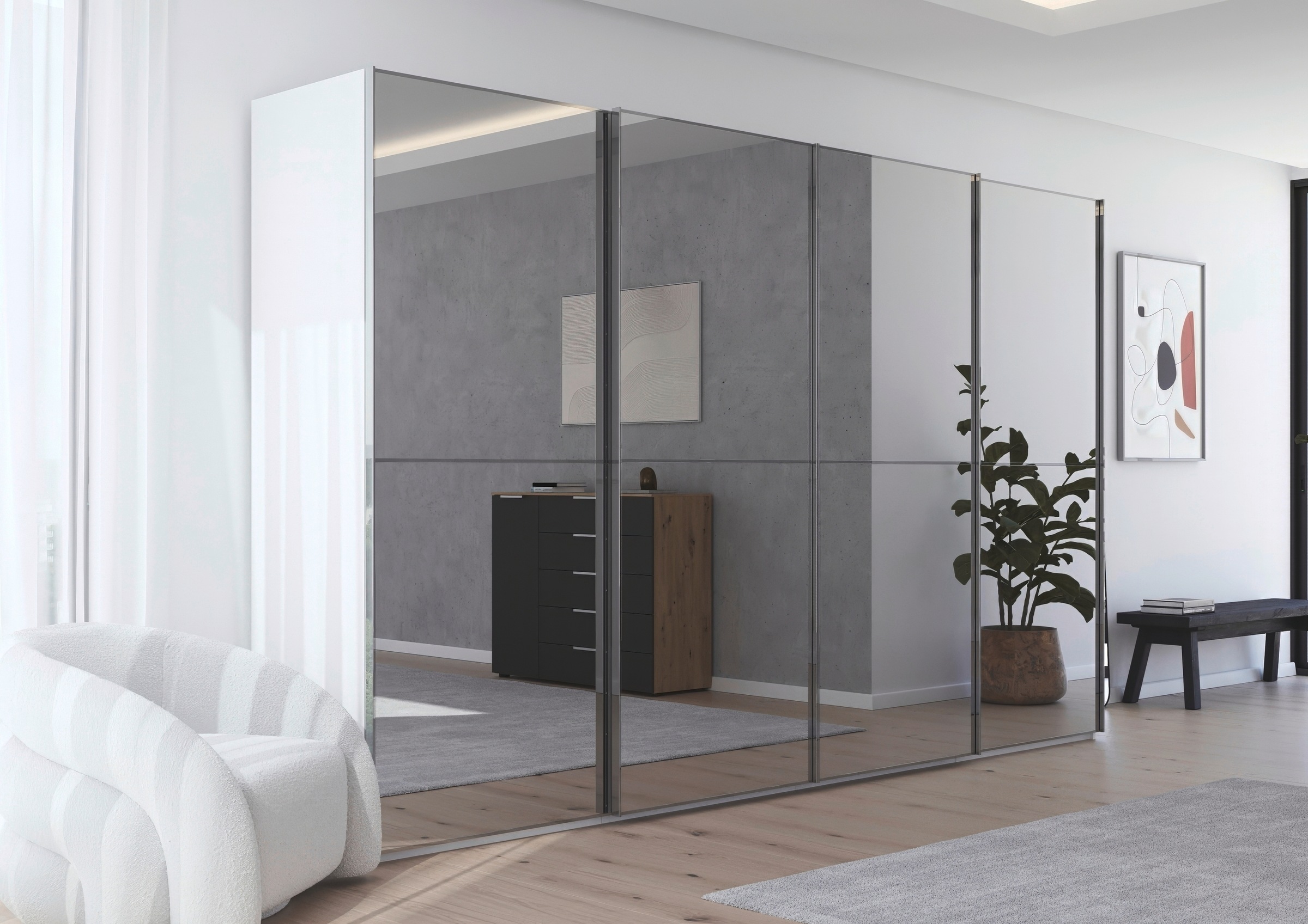 rauch Schwebetürenschrank »Kleiderschrank Schrank Garderobe Schlafzimmerschrank SCALE-DUO«, edle zweigeteilte Türen Spiegelfront und 3 Zierleisten MADE IN GERMANY