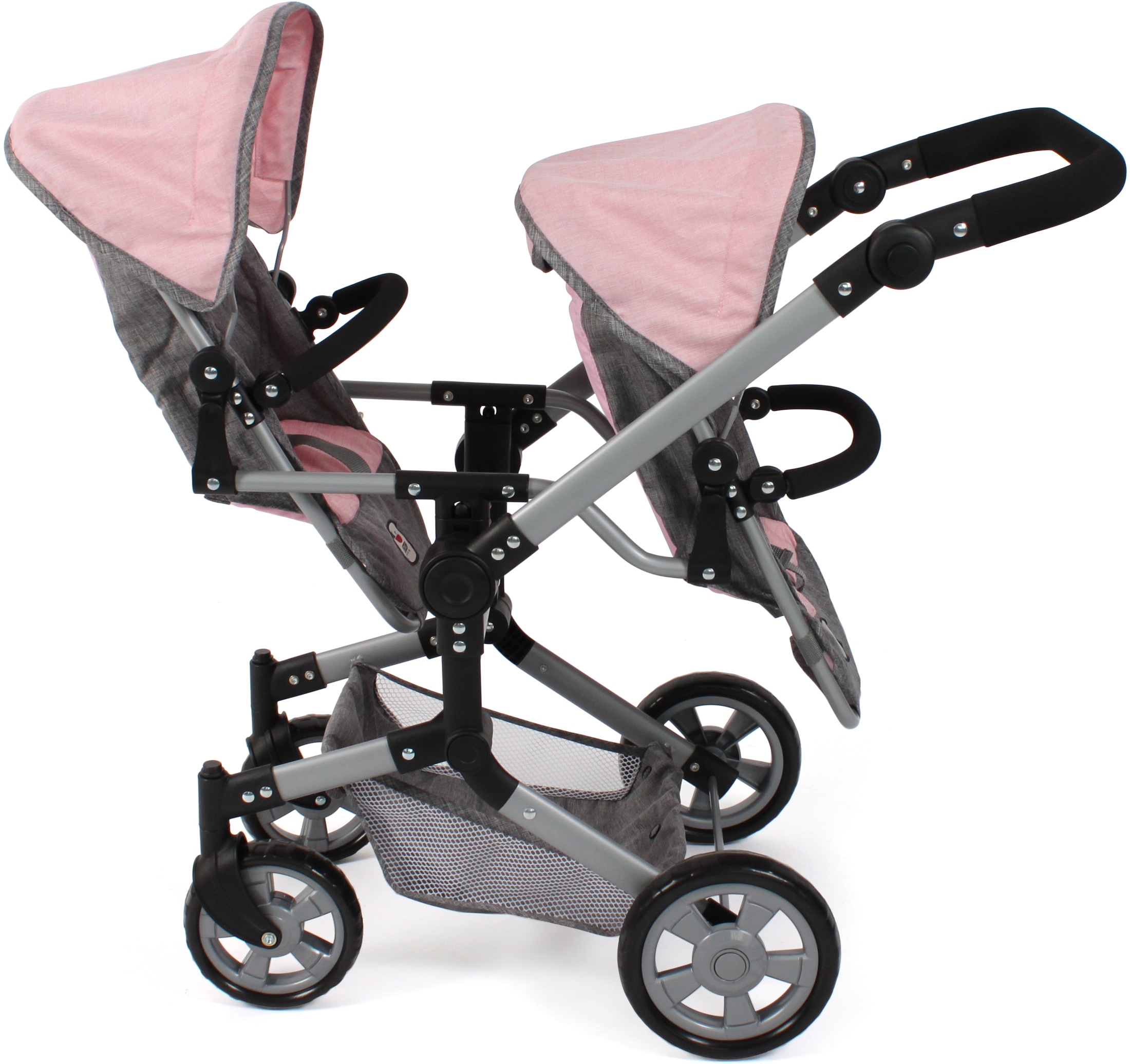 CHIC2000 Puppen-Zwillingsbuggy »Linus Duo, Grau-Rosa«, mit zwei abnehmbaren, bis in Liegeposition verstellbaren Sportsitzen