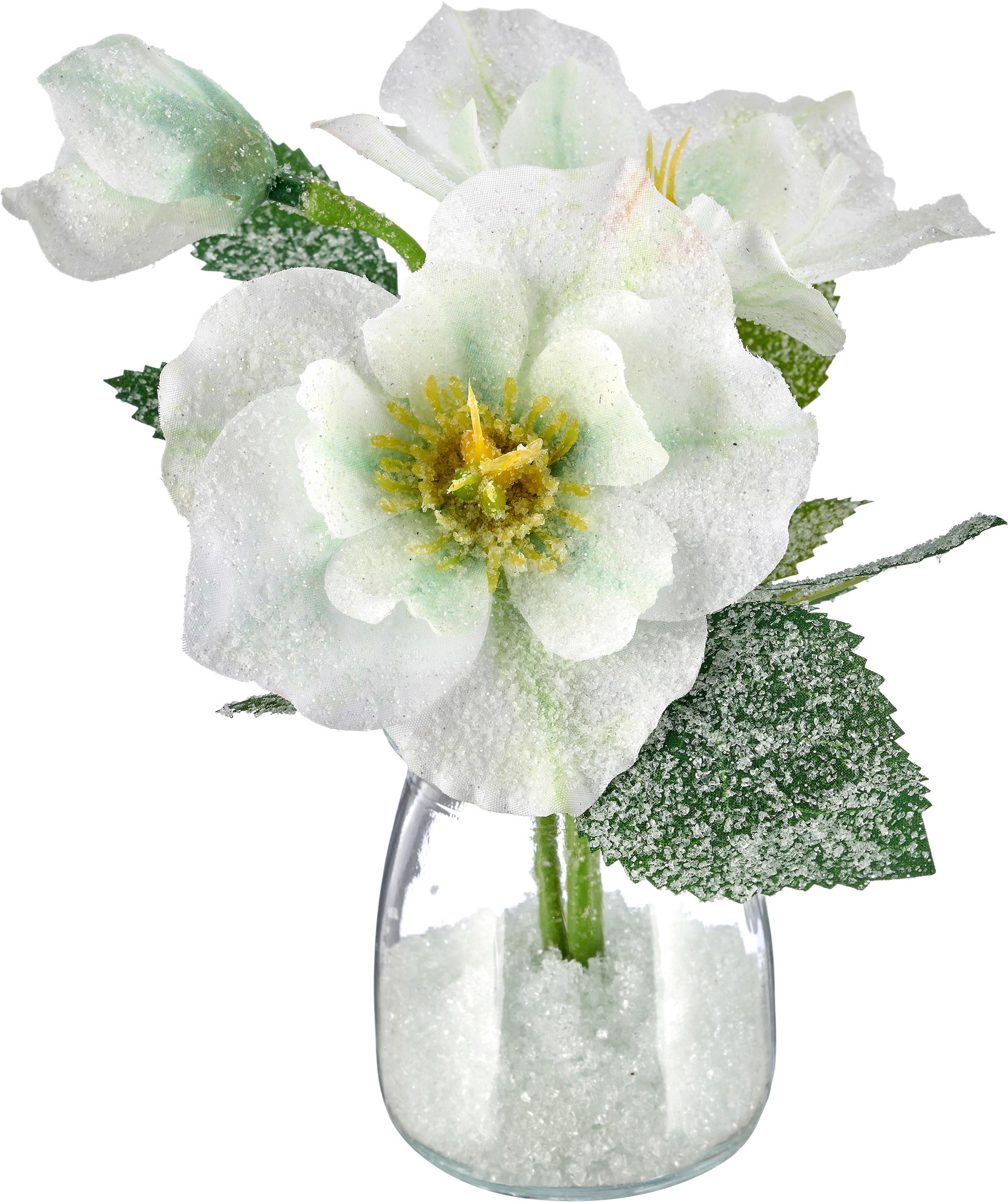 OTTO home Winterliche Kunstpflanze »3er Set aus kleinen winterlichen Bouquets in Glasvasen« mit Frost-Finish, Höhe ca.16cm