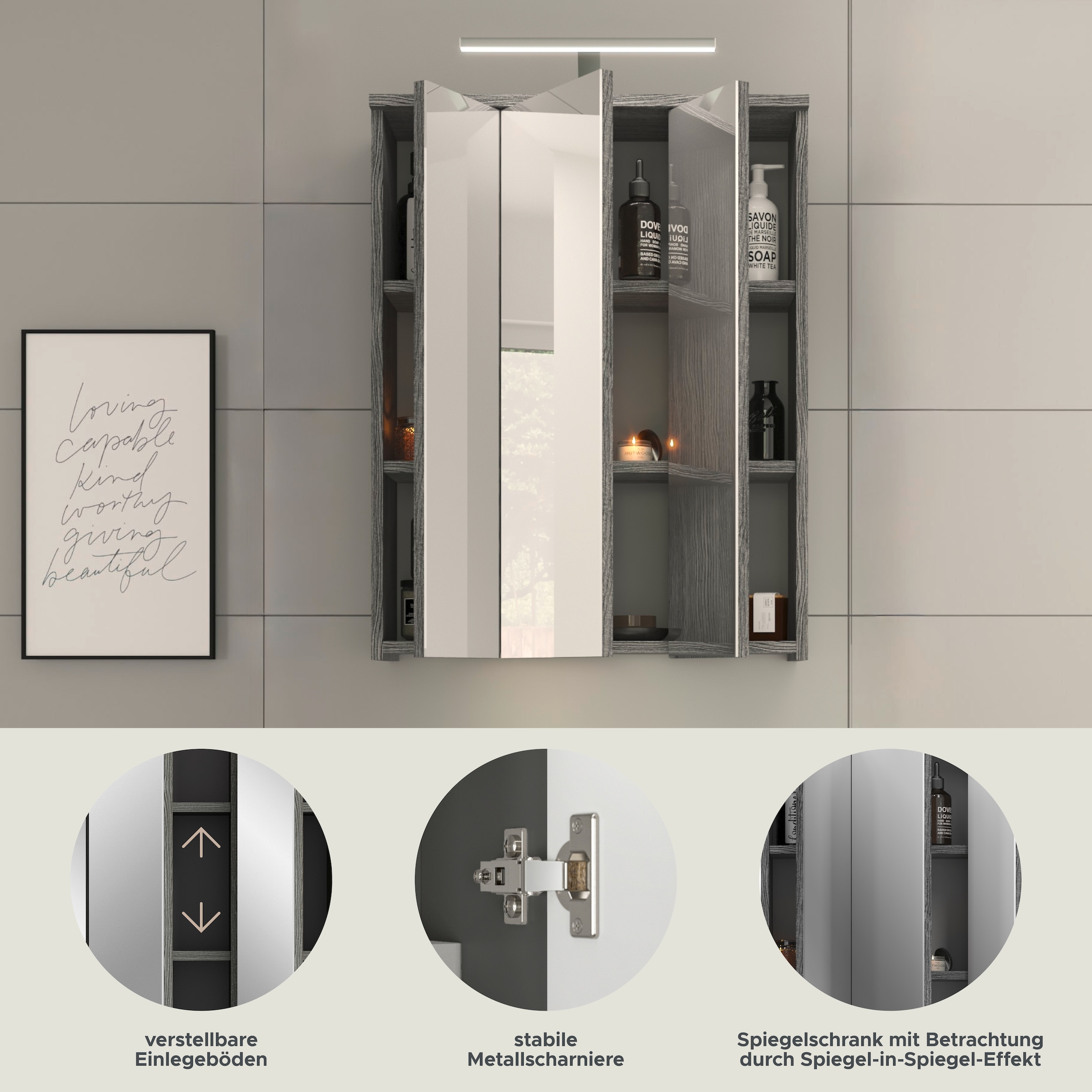 welltime Badezimmerspiegelschrank »LUCCA, TOPSELLER!, Breite 60cm, inkl. LED Beleuchtung, 3 Spiegeltüren«, (Set, 2 St.), Badmöbel, Badschrank, Schrank, Wandschrank, Bad, Badezimmer