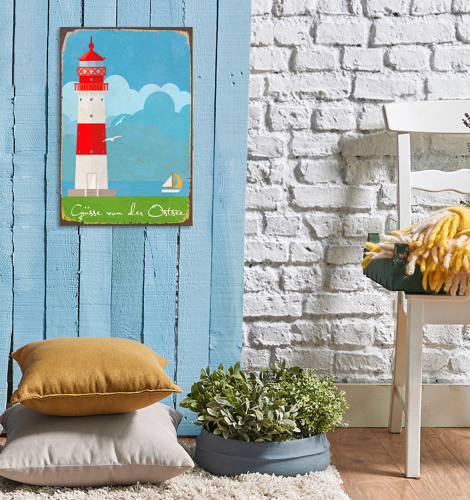 queence Metallbild »Ostsee Grüße«, Schriftzüge-Schriftzug-Küste-Leuchtturm, (1 St.), Stahlschild, Blechschild, Grüße, Leuchtturm