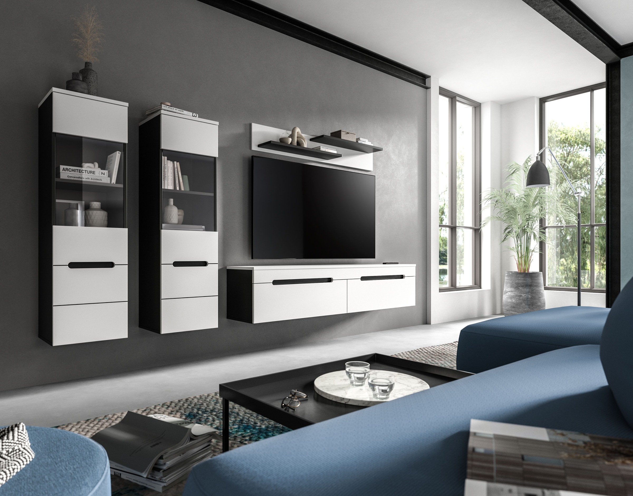 Home affaire Wohnwand »REHAT, TOPSELLER!, 4-teilig, wahlweise stehend und hängend montierbar« Set bestehend aus: 2x Vitrine, Lowboard und Wandboard, 3 Stk. tlg.