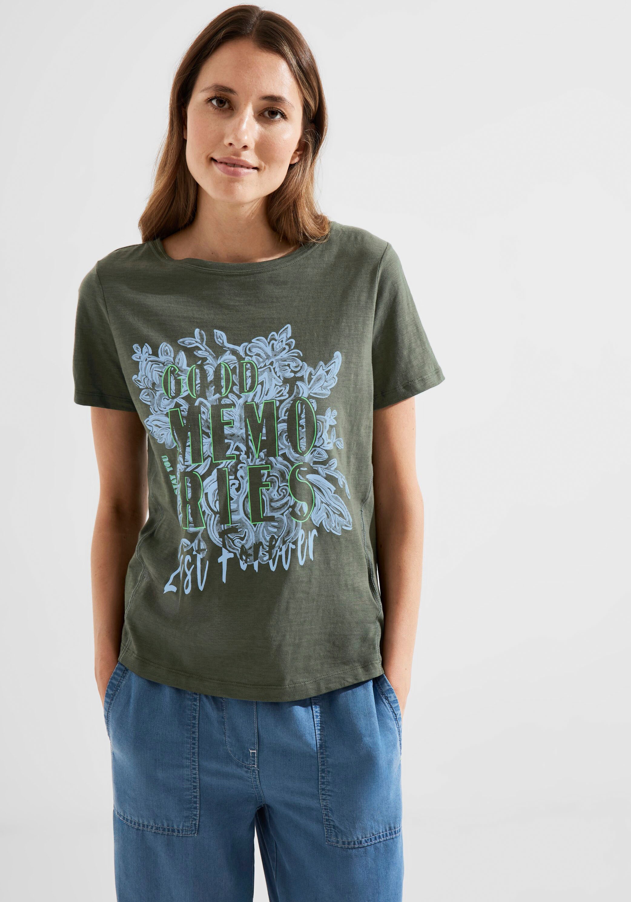 Farbe Grün, | T-Shirt, mit Cecil GTIN: S Motto-Druck, Jersey, der Ladendirekt aus in coolem (38), für 4063044569403 Preisvergleich Größe