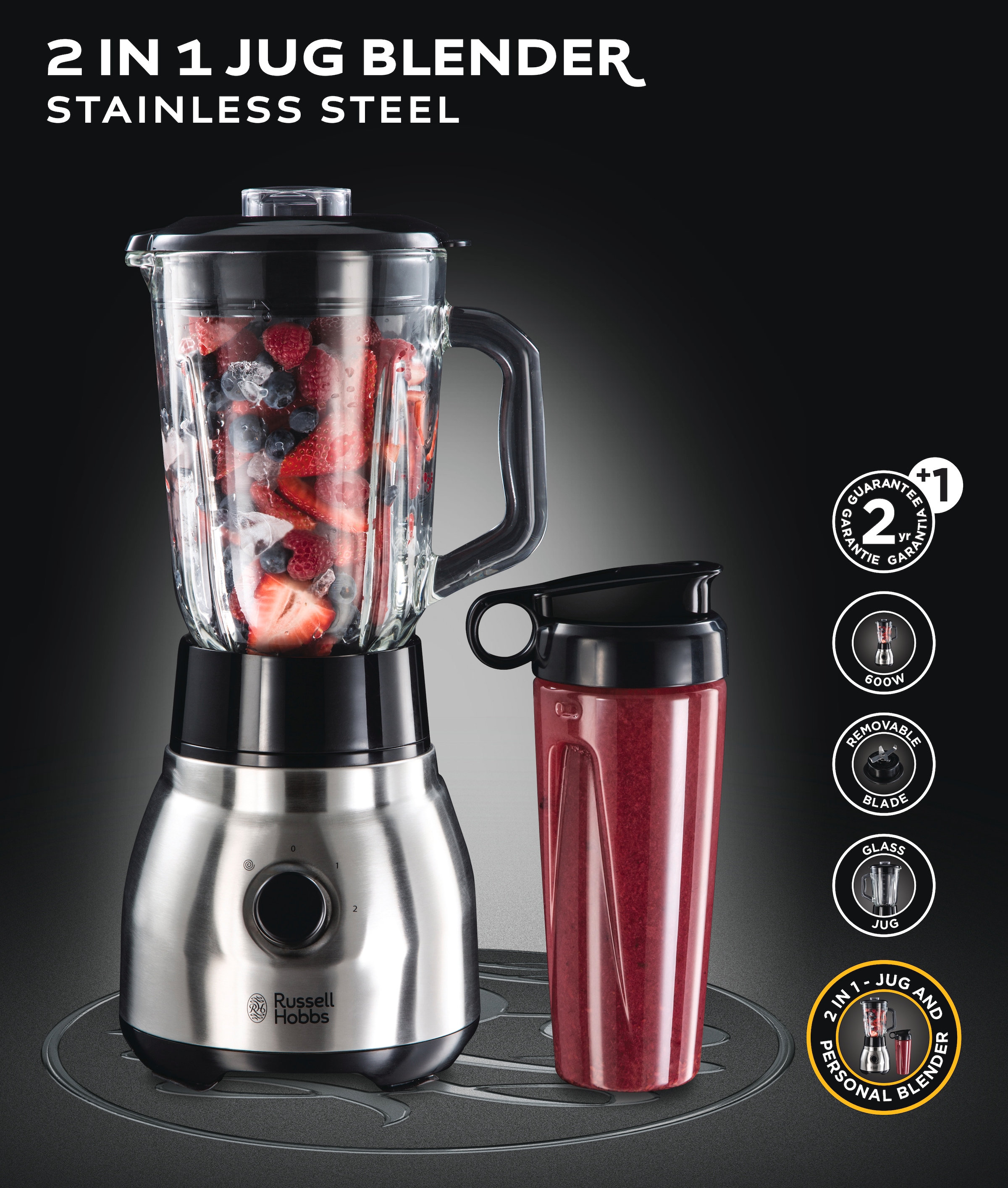 RUSSELL HOBBS Standmixer »2-in-1 Glas- 23821-56, Edelstahl«, 600 W, 1,5l Glasbehälter Mixer & 0,6l Smoothie Maker, Spülmaschinenfest
