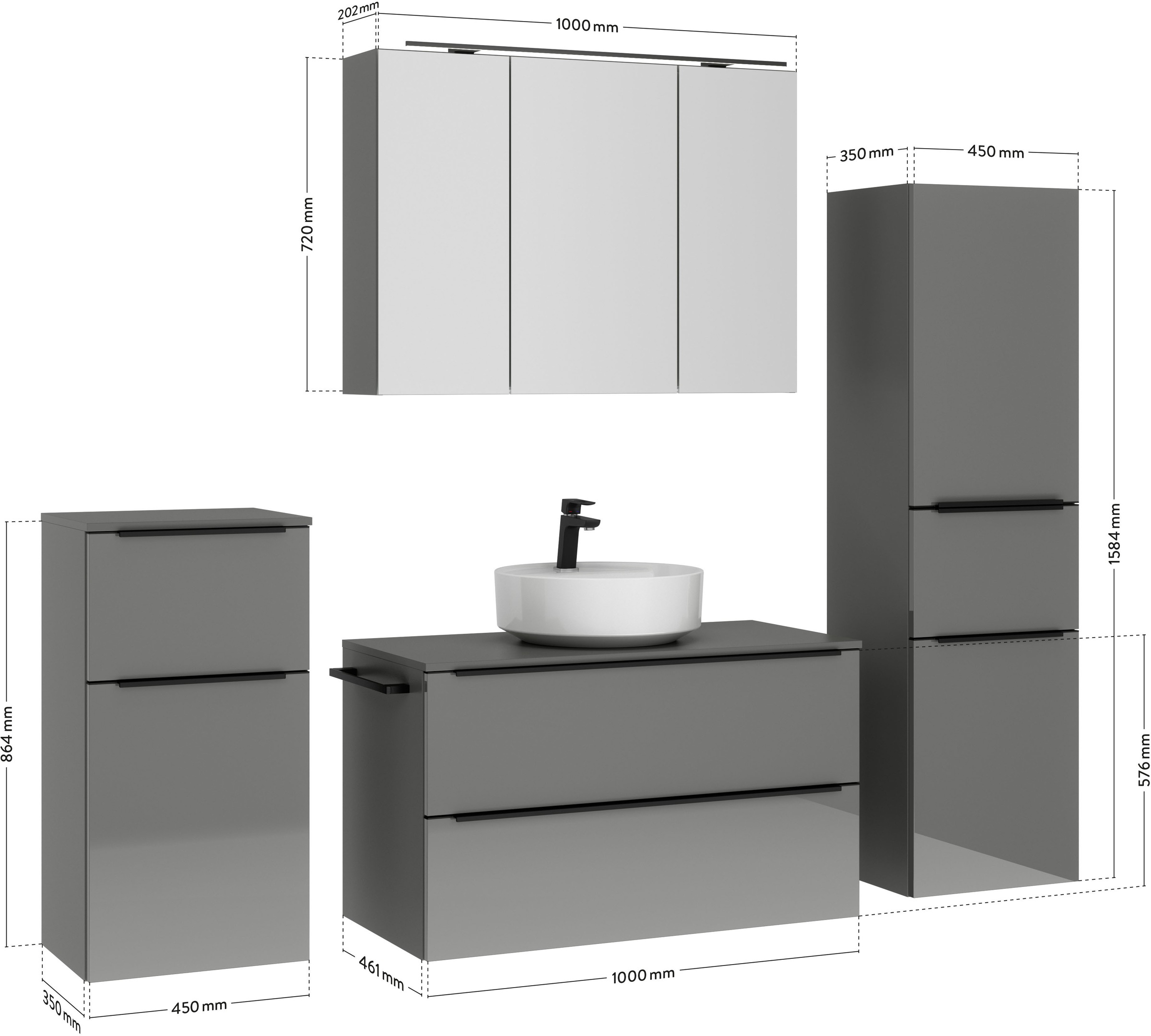 nobilia® Badmöbel-Set »Alvene«, (4 St., vormontiert, mit Soft-Close), inkl. Spiegelschrank mit Beleuchtung und Dimmerfunktion, in 4 Breiten