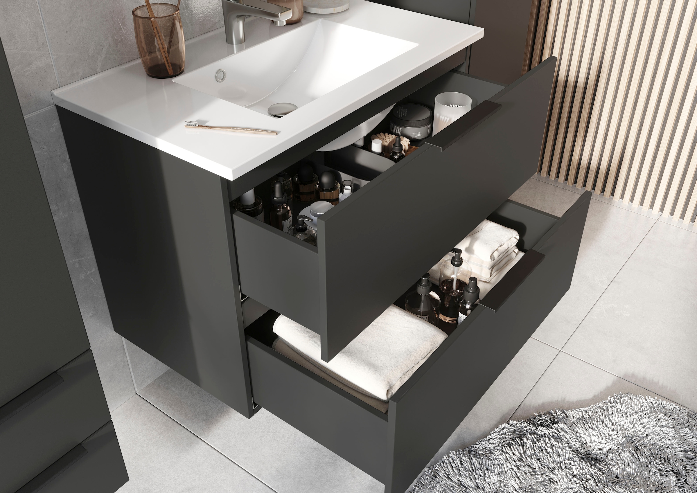 GERMANIA Badmöbel-Set »Crandon«, (4 St.), inkl. WT-Unterschrank, Spiegelschrank, Schrank und Regal