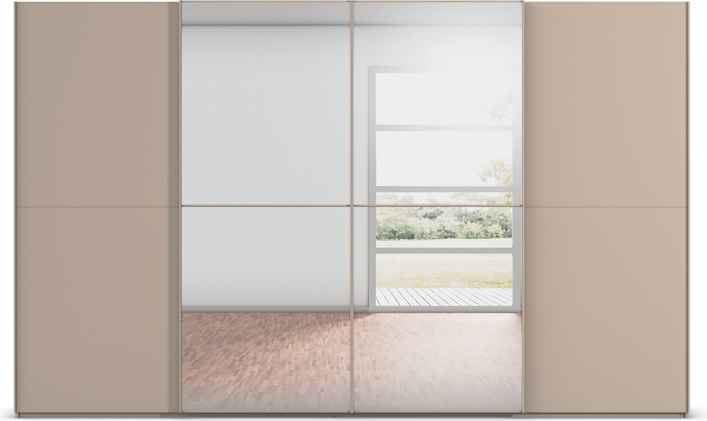 rauch Schwebetürenschrank »Kleiderschrank Schrank Garderobe Schlafzimmerschrank SCALE-DUO«, edle zweigeteilte Türen, Spiegel und 3 Zierleisten MADE IN GERMANY