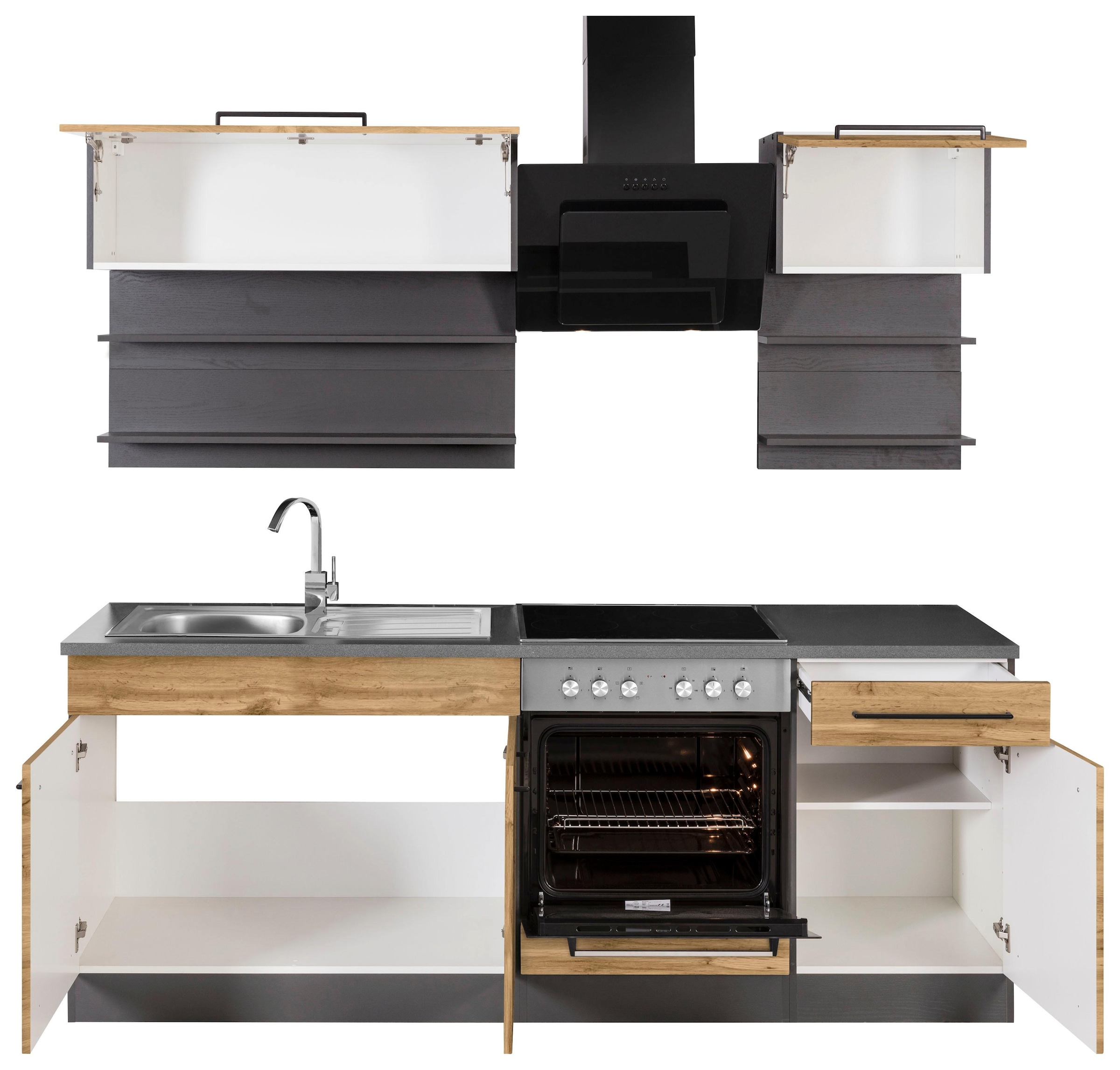 KOCHSTATION Küchenzeile »KS-Tulsa«, mit E-Geräten, Breite 210 cm, schwarze Metallgriffe, MDF Fronten