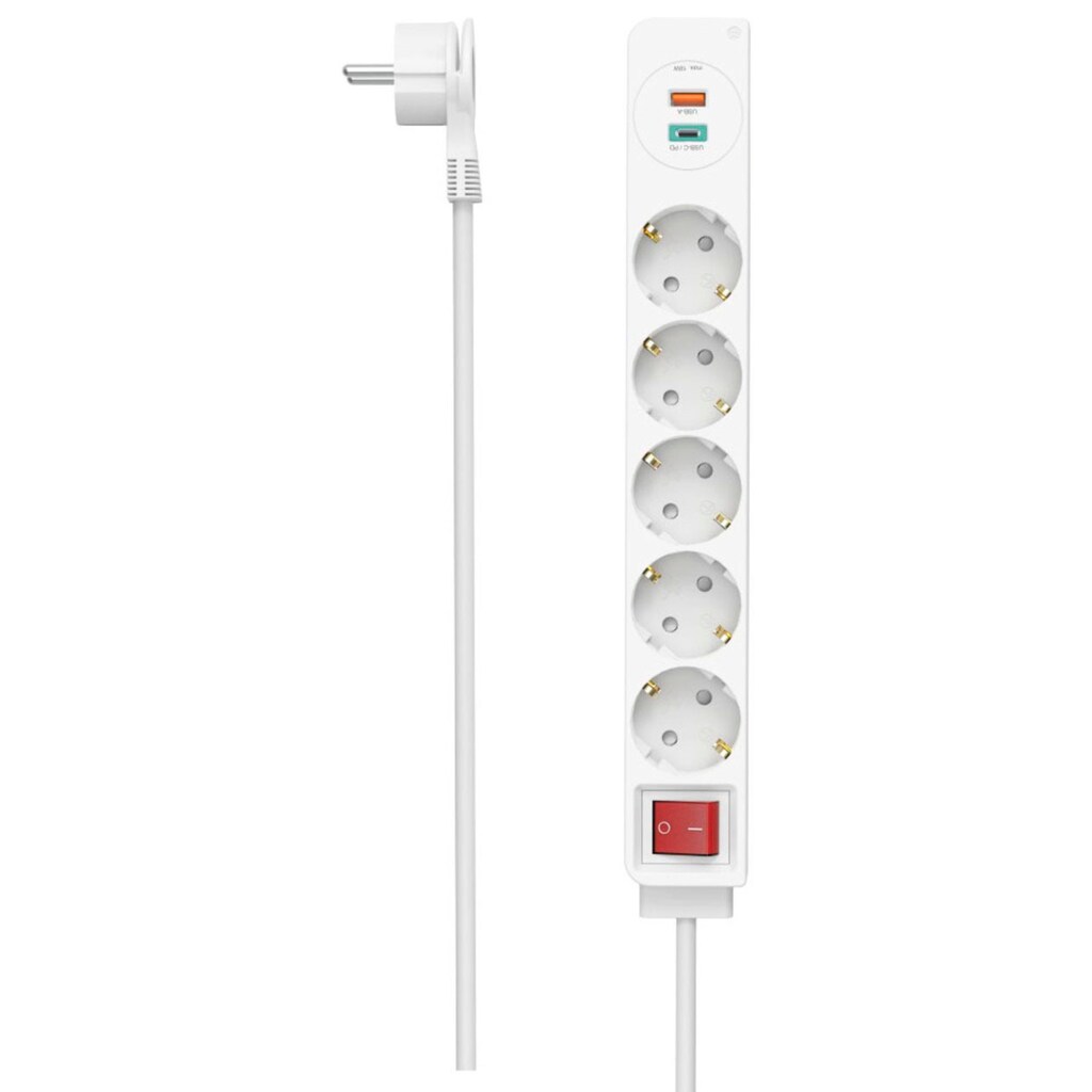 Hama Steckdosenleiste, 7-fach, (Ein- / Ausschalter-USB-Anschlüsse Schutzkontaktkupplung-Schutzkontaktstecker Kabellänge 1,4 m), 1 x USB-A, 1 x USB-C