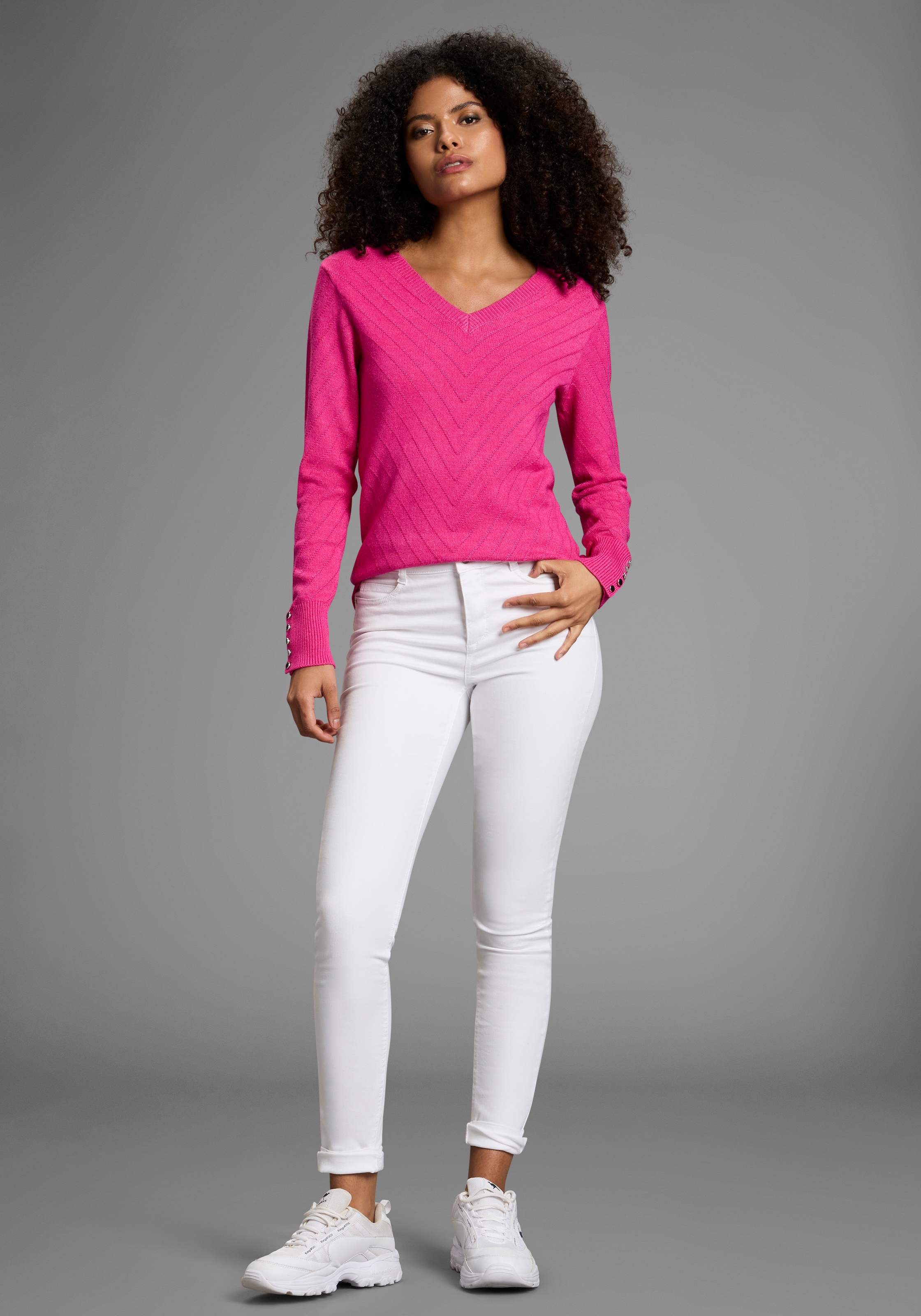 Laura Scott V-Ausschnitt-Pullover kuscheliger Winterstrick mit Strukturstrick und Knöpfen