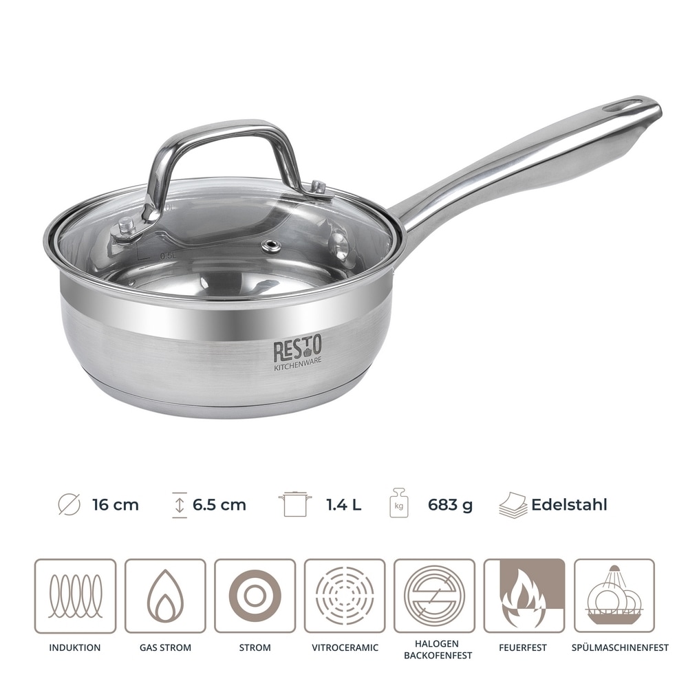 RESTO Kitchenware Kasserolle »Libra, Soßentopf 1,4 l, energiesparend und spülmaschinenfest«, Edelstahl 18/10, (2 tlg.), mit hitzebeständigem Glasdeckel und Griff