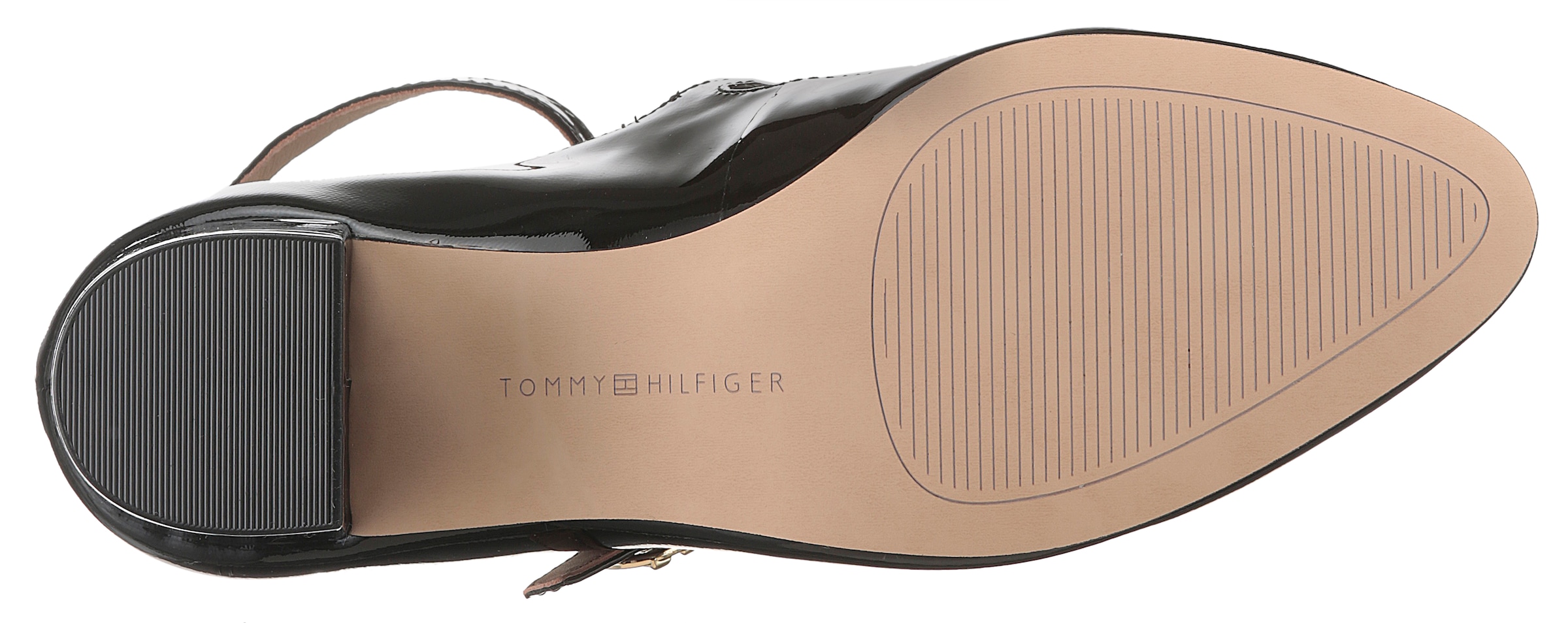 Tommy Hilfiger Spangenpumps »PUMP DOUBLE STRAP PATENT LEATHER«, Blockabsatz, Abendschuh, Partyschuh, TH-Schmuckelement, schmale Form