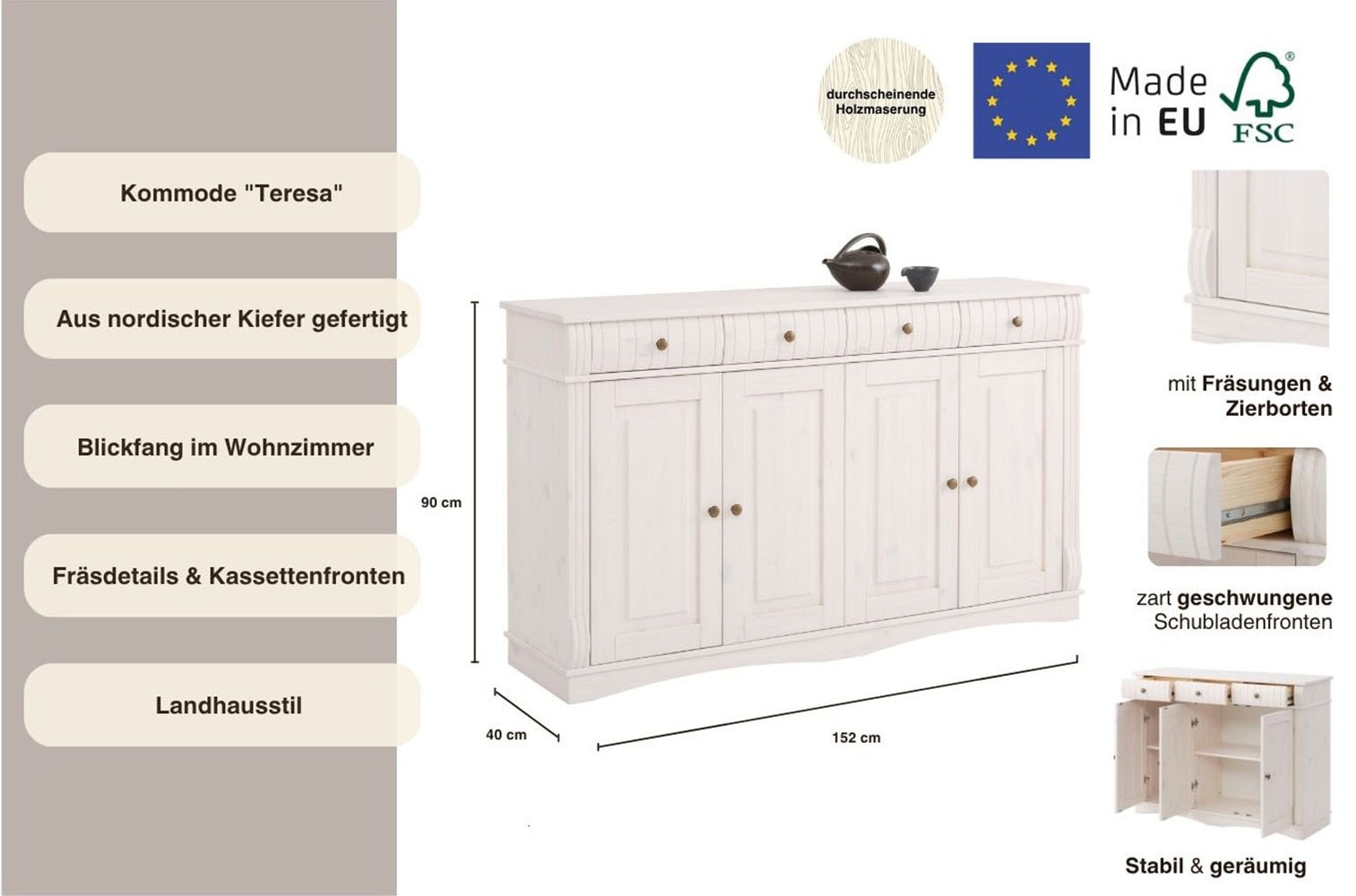 Home affaire Sideboard »Teresa«, Kommode, 4-türig, Breite 152 cm, aus massiver Kiefer, FSC®