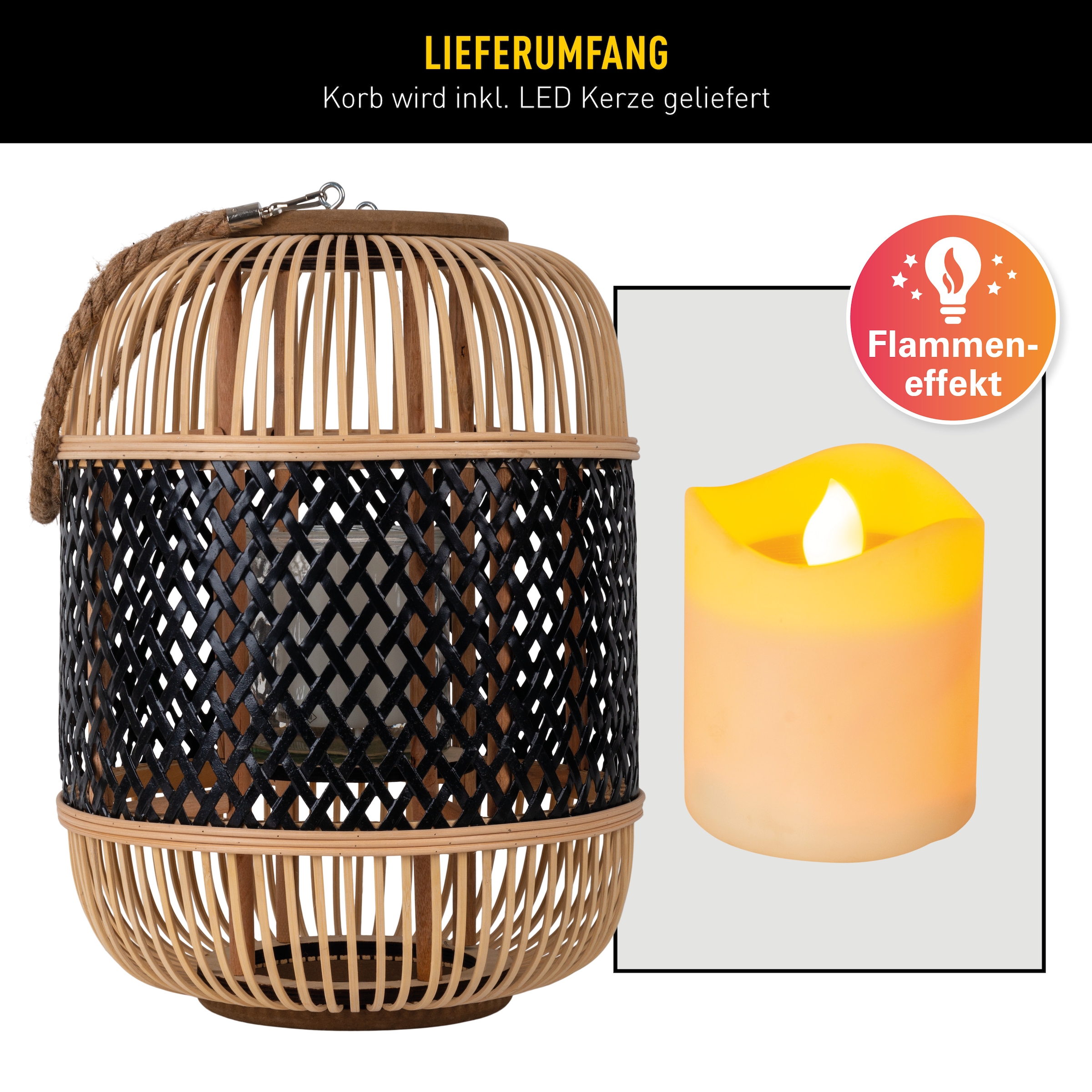 näve LED Dekolicht »Korbinian«, 1 flammig, Rattankorb natur/schwarz mit Griff inkl. Solarkerze mit Flammeneffekt