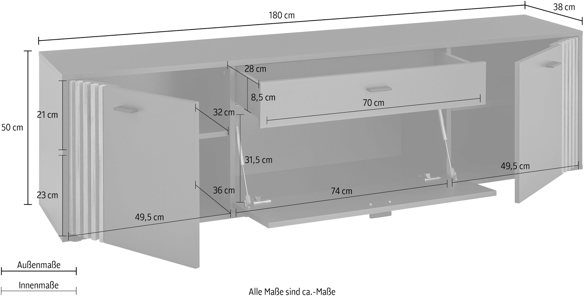 HBZ Lowboard »Dublin TV-Schrank, BxHxT 180x50x38cm«, (1 St.), Breite 180cm, Softclose, Metallgriffe