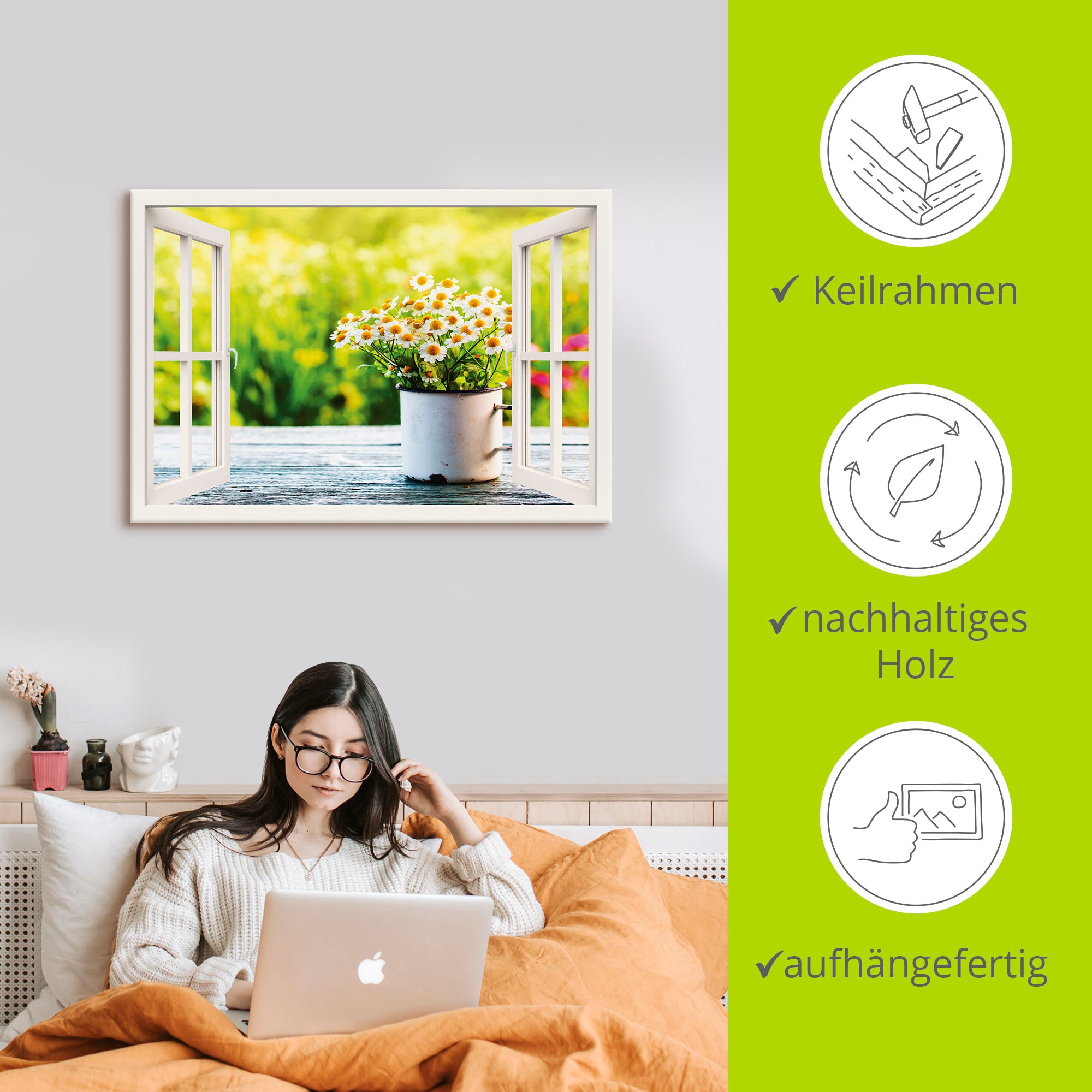 Artland Leinwandbild »Fensterblick Garten mit Gänseblümchen« Blumen 1 Stk. tlg. auf Holzrahmen gespannt