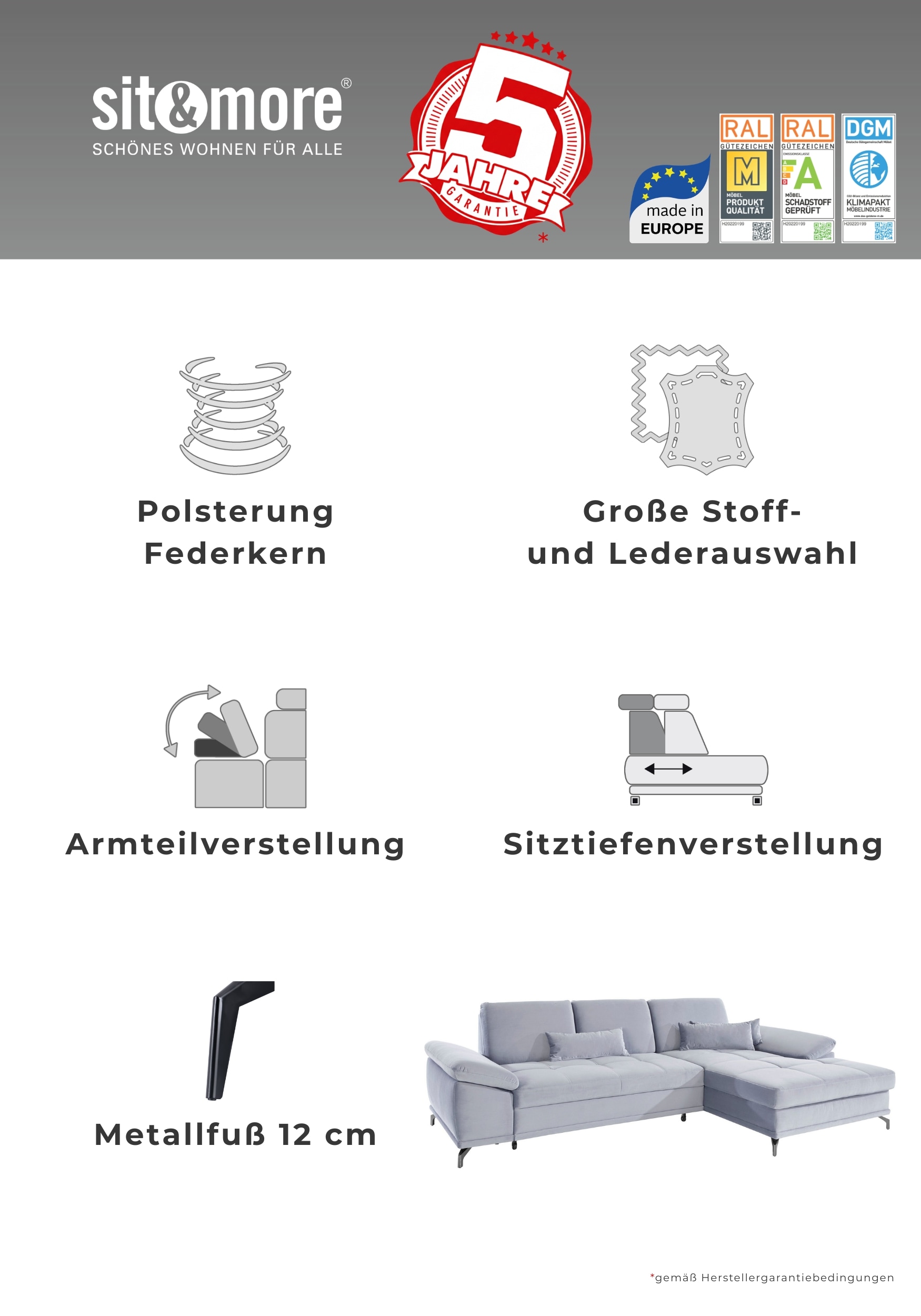 OTTO home Ecksofa »Costello L-Form, B: 301cm, Sitztiefen & Armteilverstellung, Federkern« 3 Nierenkissen, optional Schlaffunktion & Bettkasten